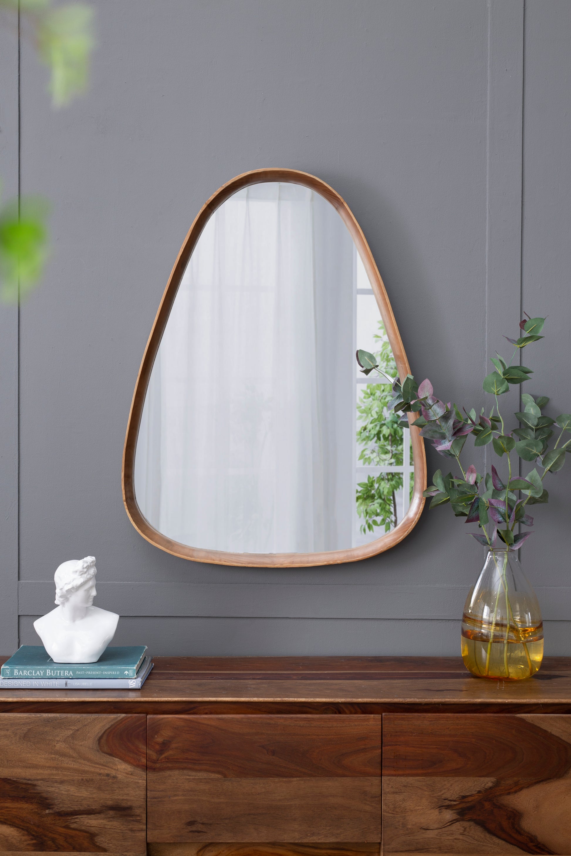 30"X38" Irrgeular Mirror With Wood Frame, Wall Mirror For Living Room Bathroom Entryway Brown Wood Glass