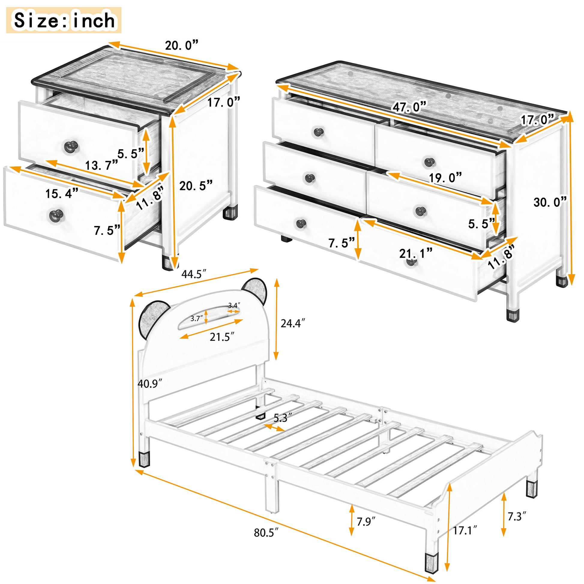 3 Pieces Bedroom Sets Twin Size Bear Shape Platform Bed With Nightstand And Storage Dresser,Cream Walnut Cream Wood
