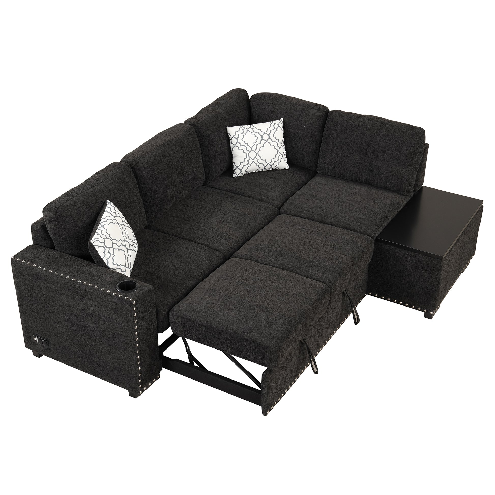 83.8" Sectional Pull Out Sofa Bed L Shaped Corner Sofa Couch With Storage Chaise, Usb Ports, Power Sockets, Cup Holder For Living Room, Bedroom, Study, Black Black Foam Chenille