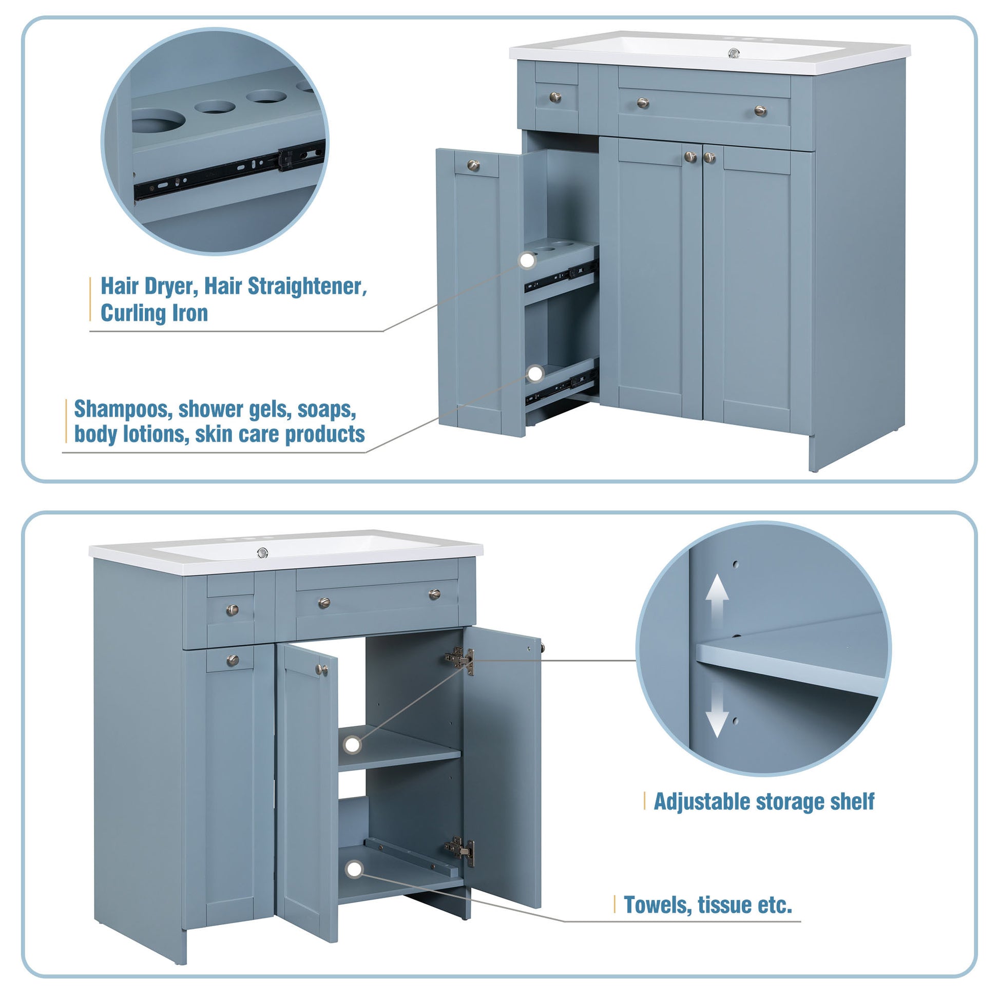 Modern 30 Inch Bathroom Vanity Cabinet With Easy To Clean Resin Integrated Sink In Blue Blue Mdf