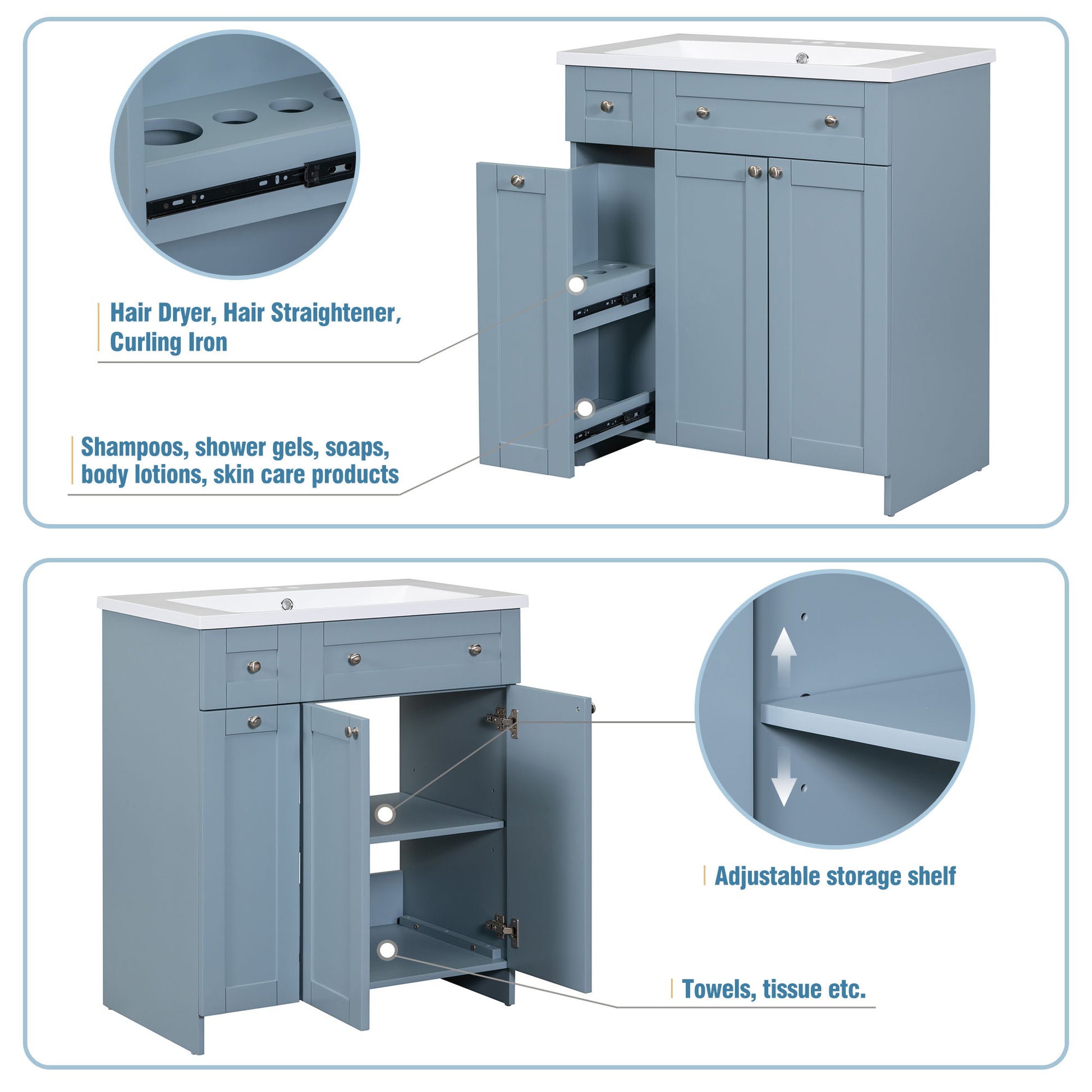 30 Inch Blue Bathroom Vanity With Ceramic Sink Combo, Abundant Storage Cabinet 2 Soft Close Doors And Double Tier Deep Drawer Blue Bathroom Mdf