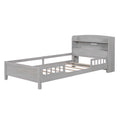 Wood Twin Size Platform Bed With Built In Led Light, Storage Headboard And Guardrail, Antique Grey Box Spring Not Required Twin Antique Gray Wood Bedroom Bed Frame Solid Wood Mdf