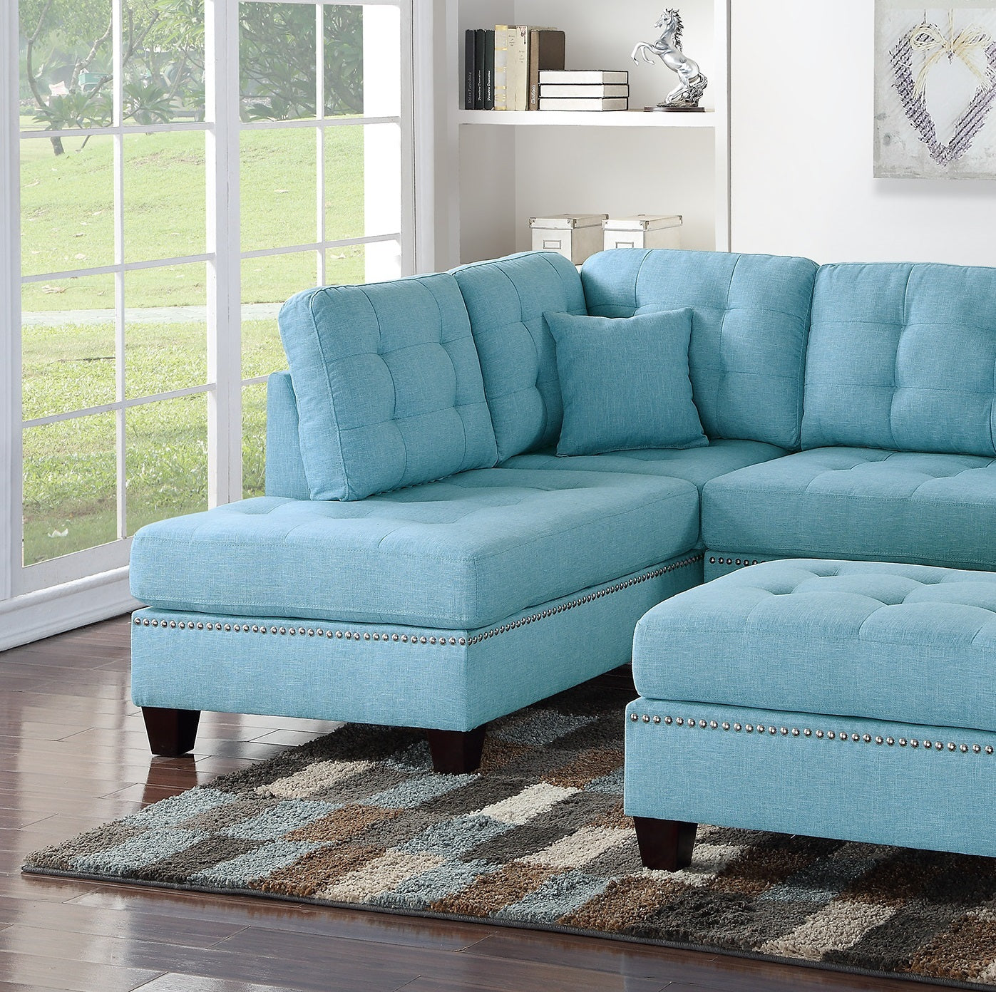 Modern Blue Color 3Pcs Sectional Living Room Furniture Reversible Chaise Sofa And Ottoman Tufted Polyfiber Linen Like Fabric Cushion Couch Pillows Blue Primary Living Space Tufted Back Contemporary,Modern L Shaped Square Arms Plywood 5 Seat