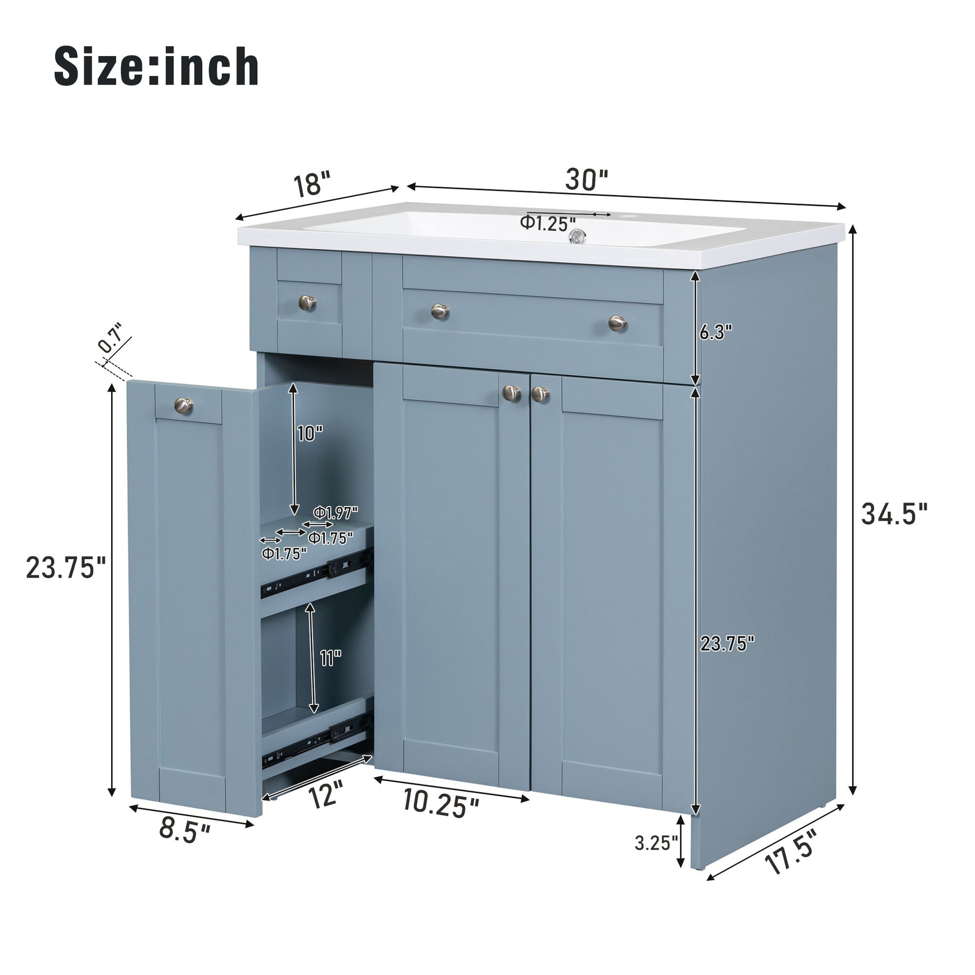 Modern 30 Inch Bathroom Vanity Cabinet With Easy To Clean Resin Integrated Sink In Blue Blue Mdf