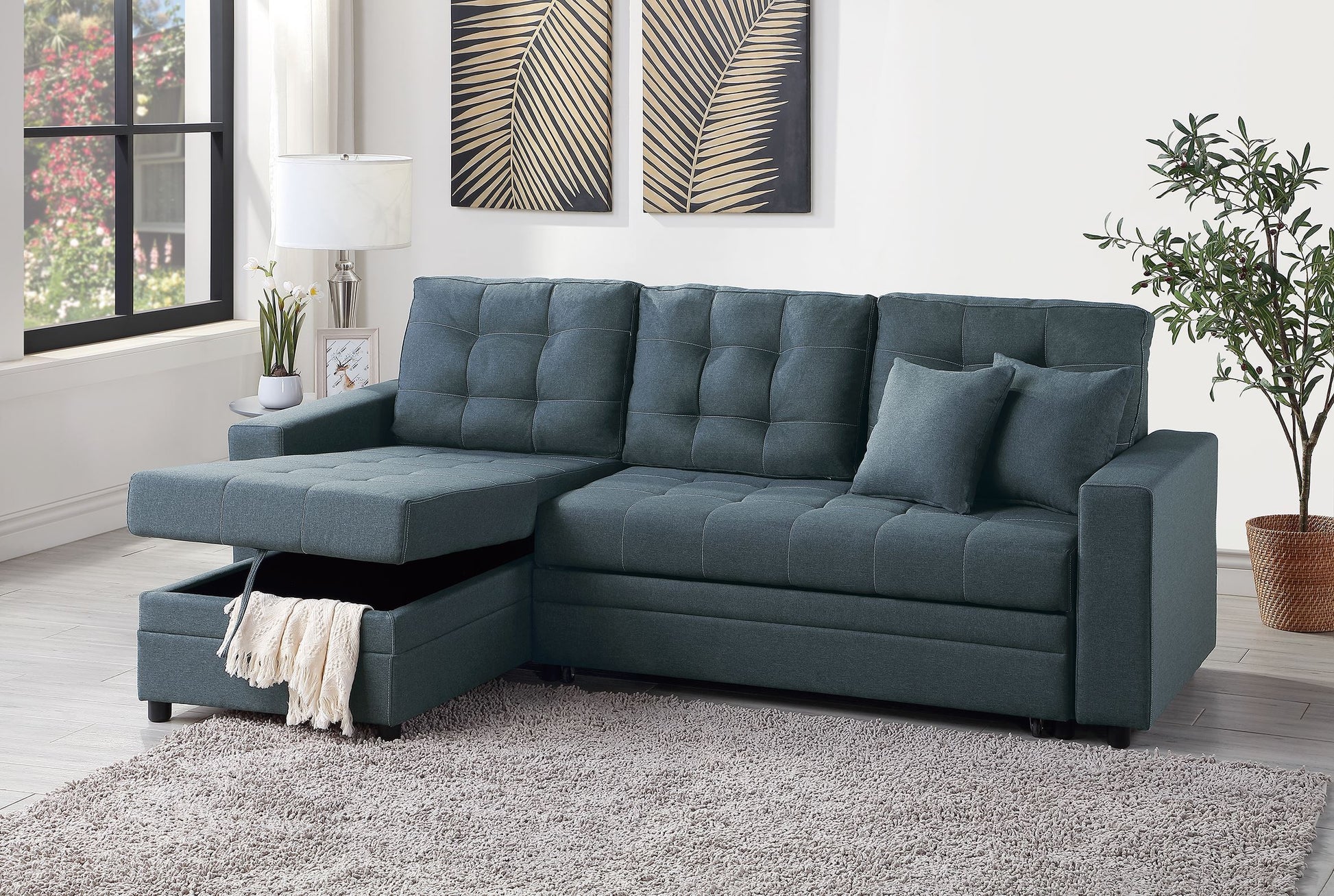 Sectional In Black Faux Leather Blue Grey Fabric