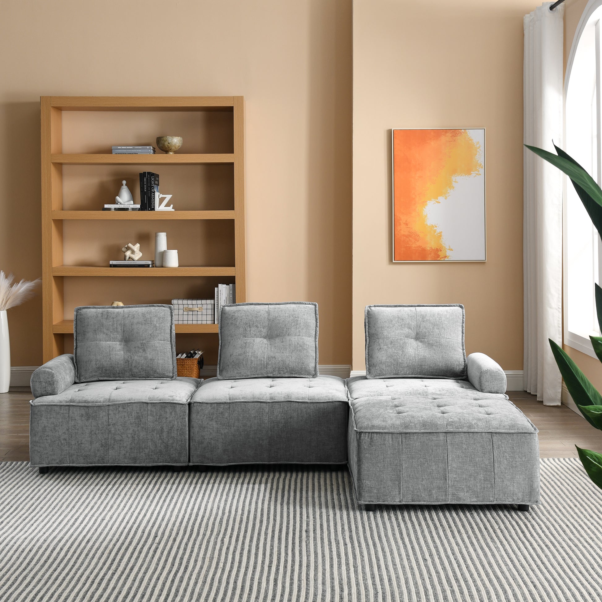 L Shape Modular Sectional Sofa, Diy Combination, Chenille Grey Chenille Wood Tight Back Eucalyptus Square Arms Foam Chenille 4 Seat