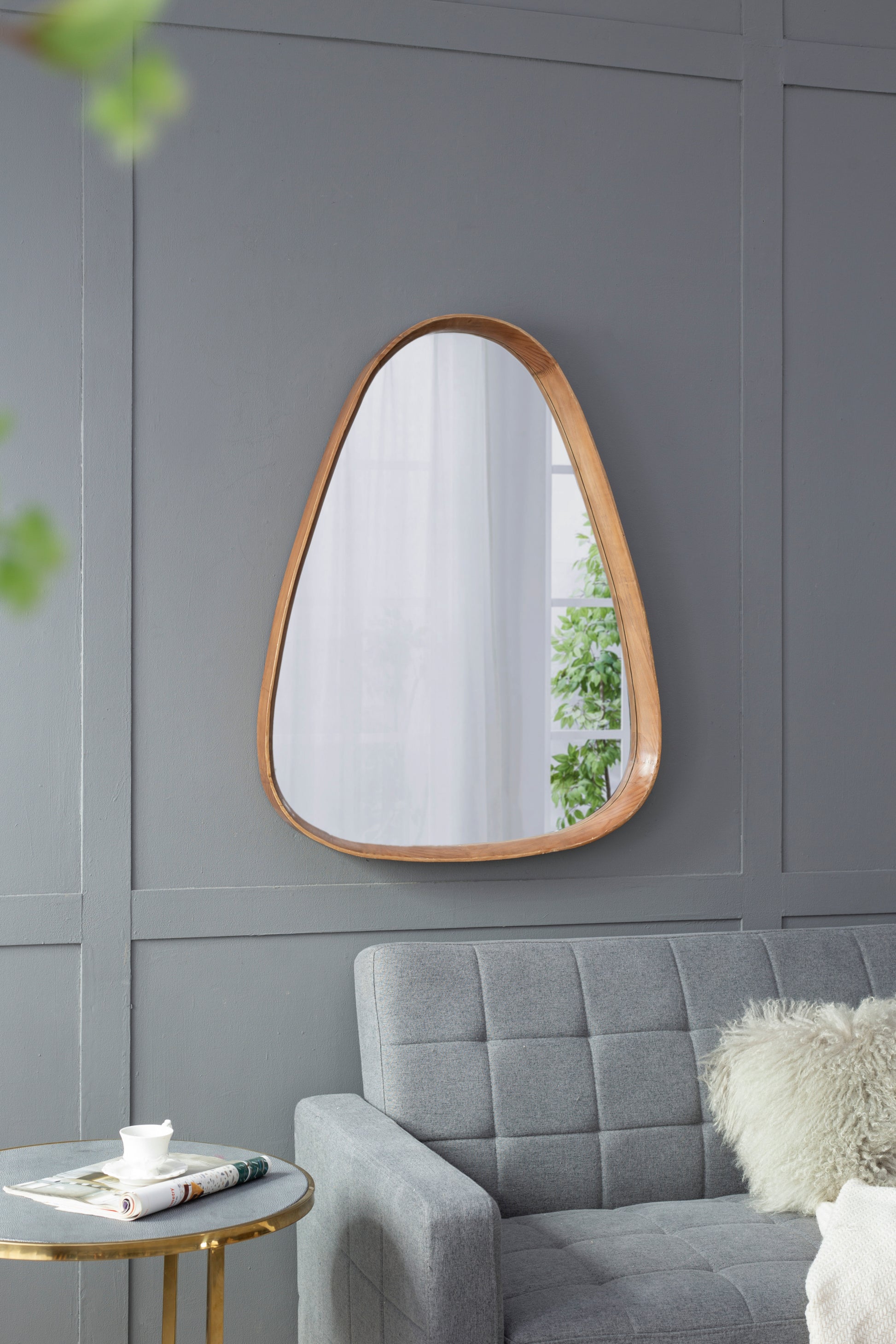 30"X38" Irrgeular Mirror With Wood Frame, Wall Mirror For Living Room Bathroom Entryway Brown Wood Glass