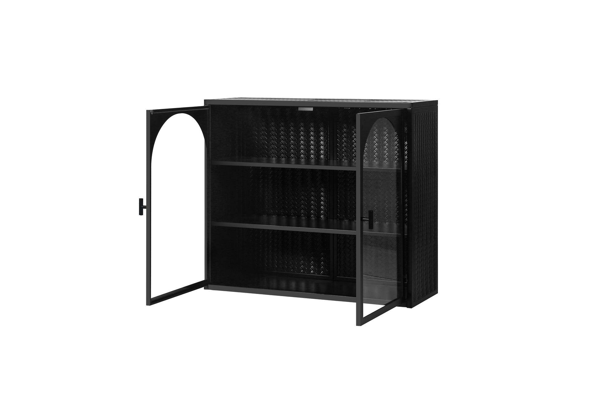 27.56"Glass Doors Modern Two Door Wall Cabinet With Featuring Three Tier Storage For Entryway Living Room Bathroom Dining Room,Wall Cabinet With Characteristic Woven Pattern,Black Black Metal