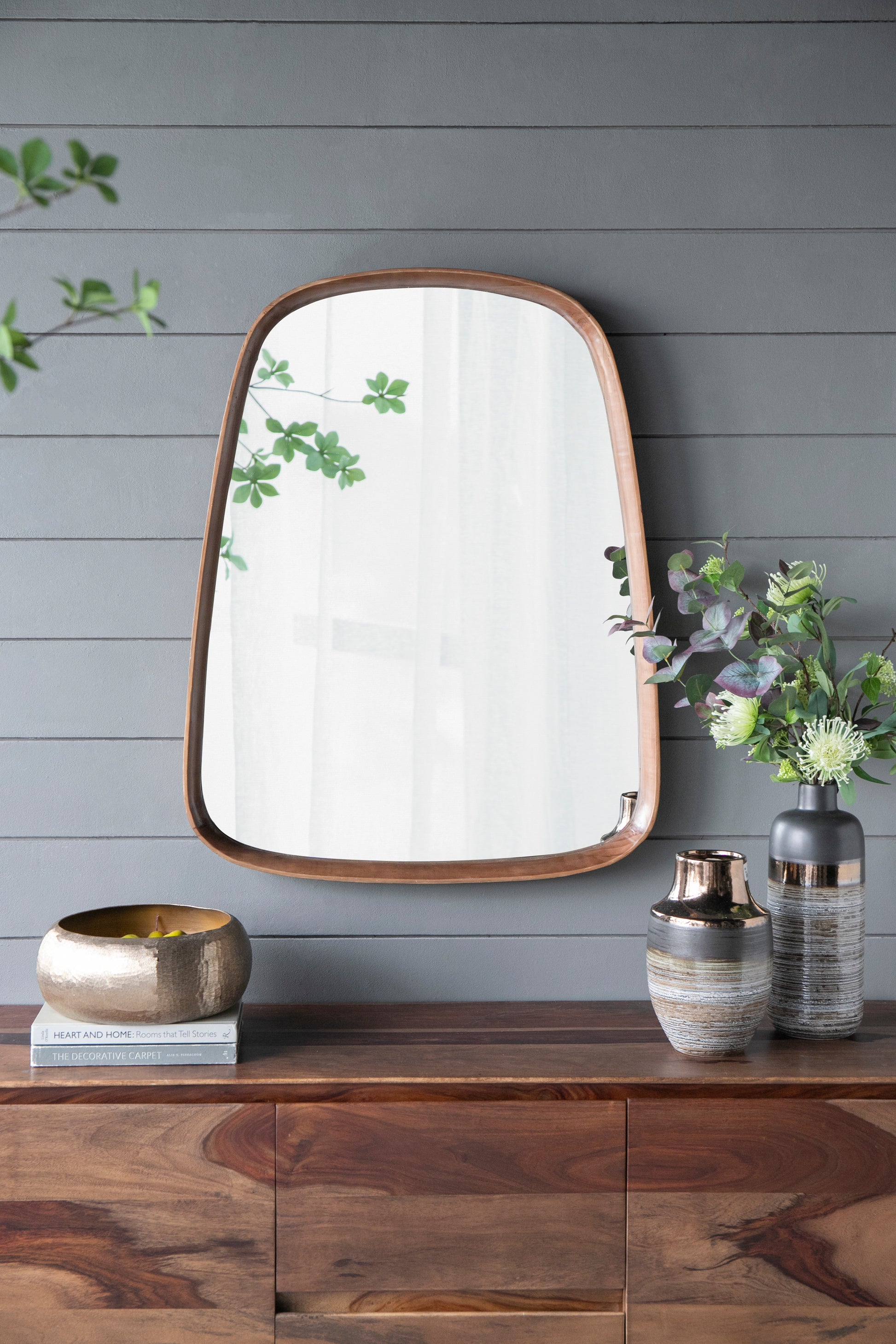 27"X37" Irrgeular Mirror With Wood Frame, Wall Mirror For Living Room Bathroom Entryway Brown Wood Glass