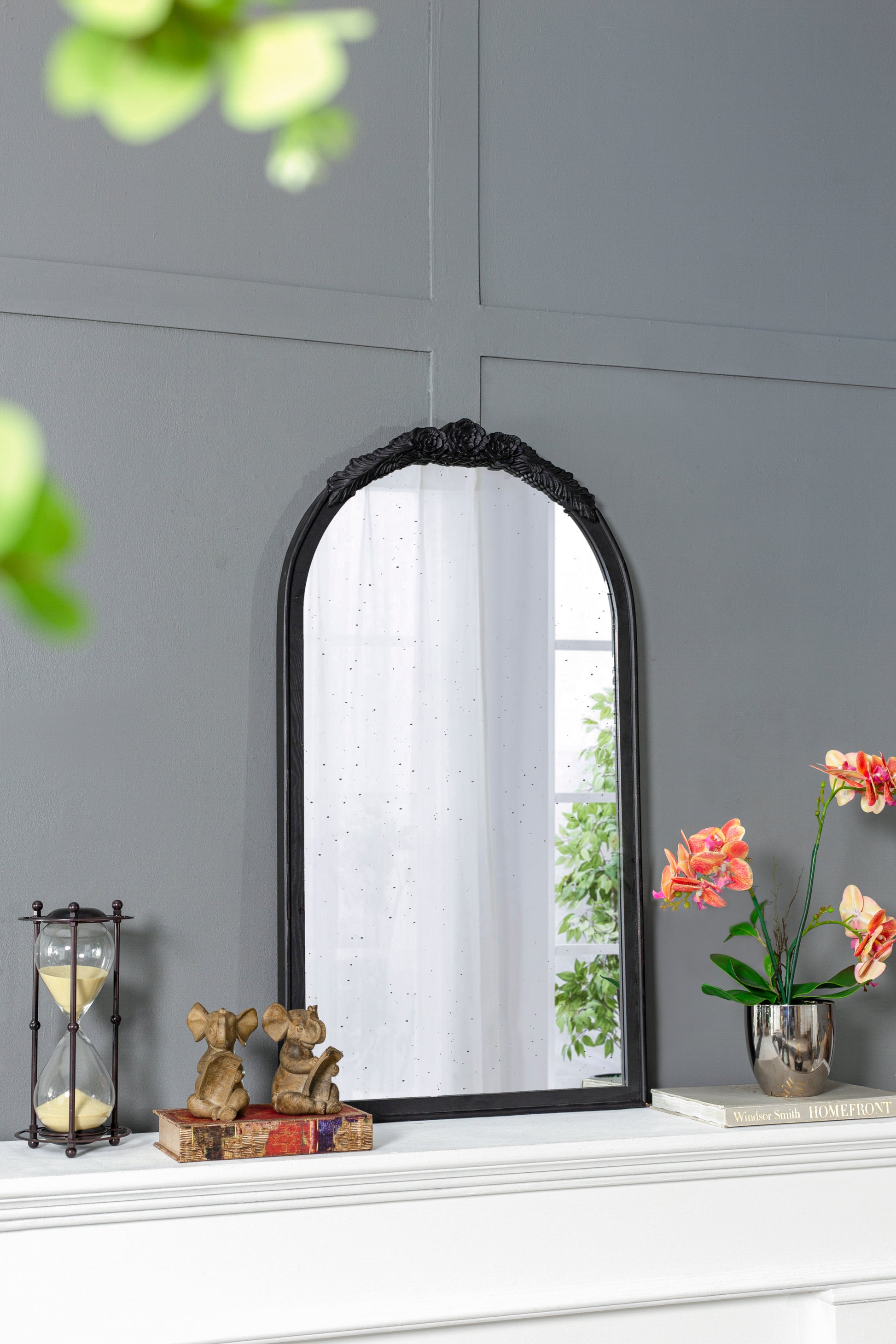 23" X 42" Hand Carved Rose Antique Mirror Frame, Wood Arch Mirror Wall Decor For Living Room, Bathroom, Entryway Black Black Mdf Glass