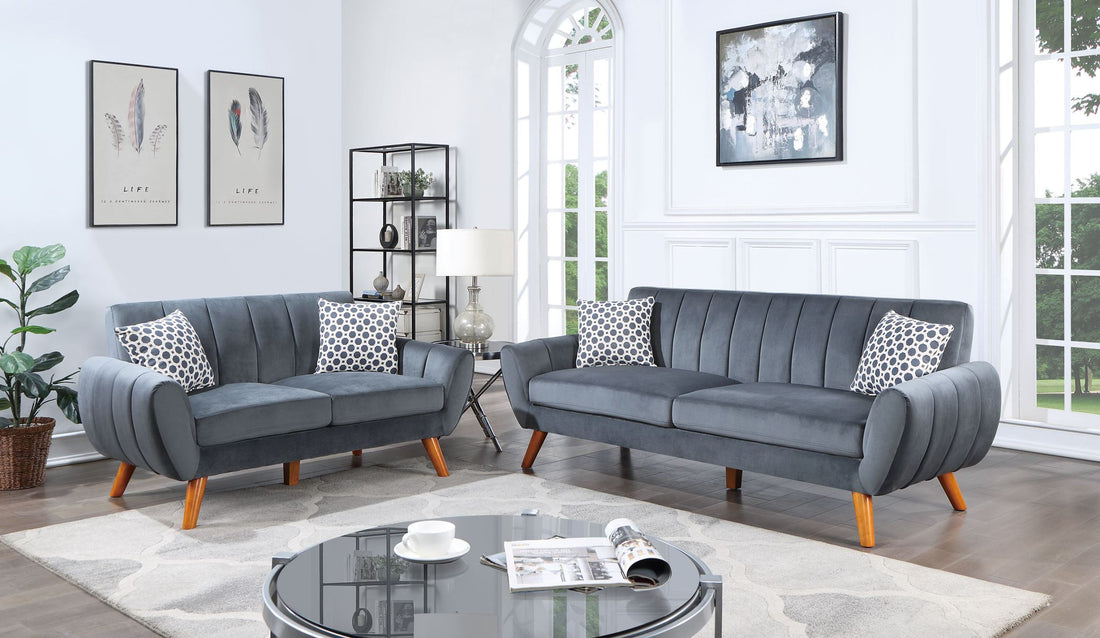 Sofa Set 2Pc Set In Black Faux Leather Dark Gray Velvet