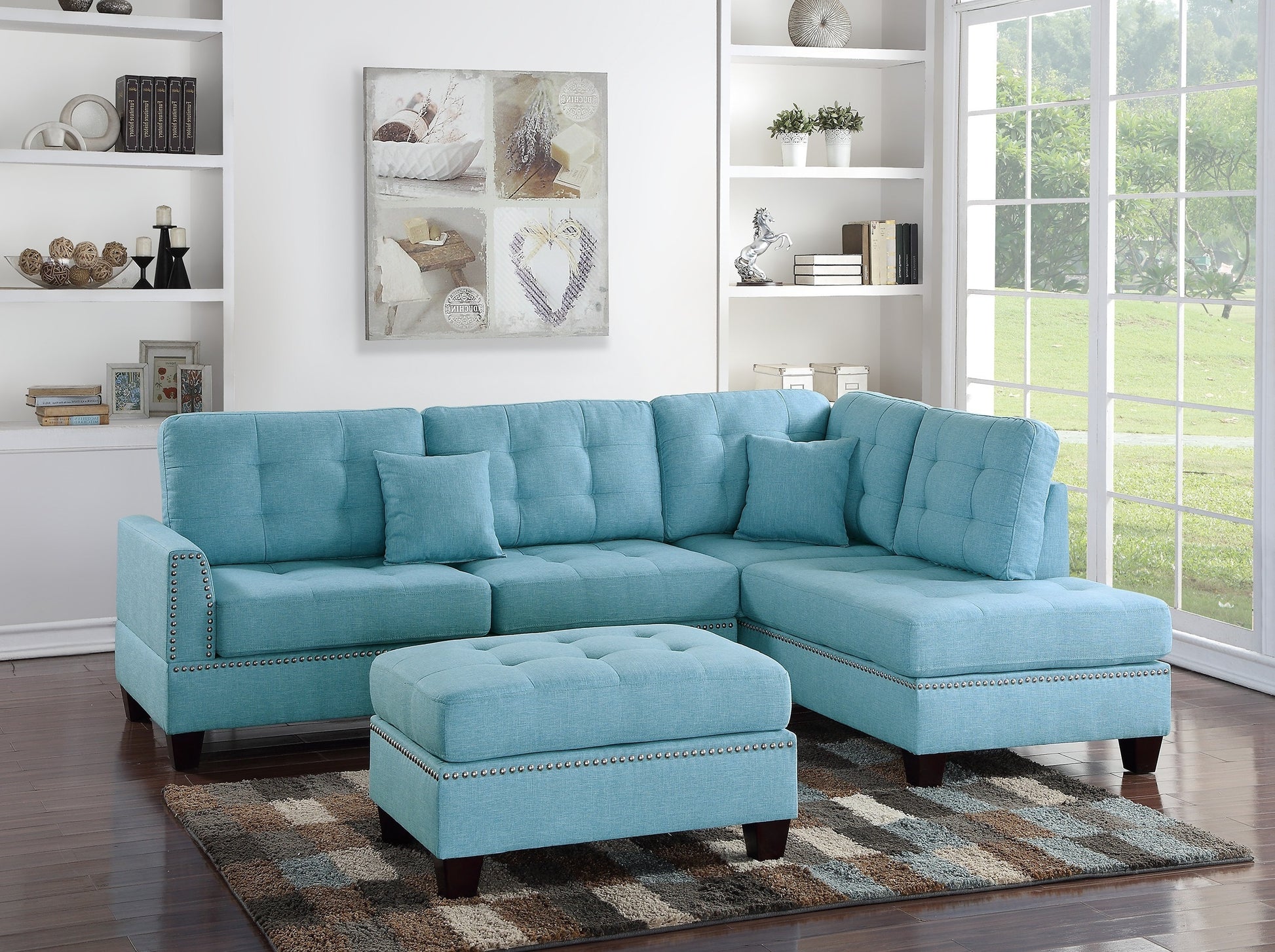 Modern Blue Color 3Pcs Sectional Living Room Furniture Reversible Chaise Sofa And Ottoman Tufted Polyfiber Linen Like Fabric Cushion Couch Pillows Blue Primary Living Space Tufted Back Contemporary,Modern L Shaped Square Arms Plywood 5 Seat