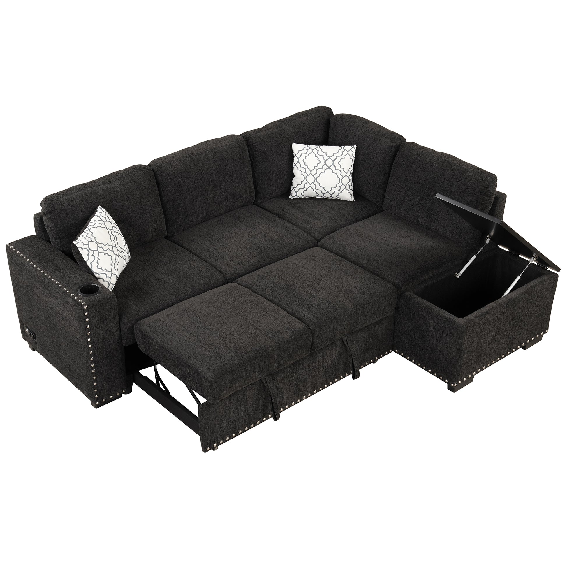 83.8" Sectional Pull Out Sofa Bed L Shaped Corner Sofa Couch With Storage Chaise, Usb Ports, Power Sockets, Cup Holder For Living Room, Bedroom, Study, Black Black Foam Chenille