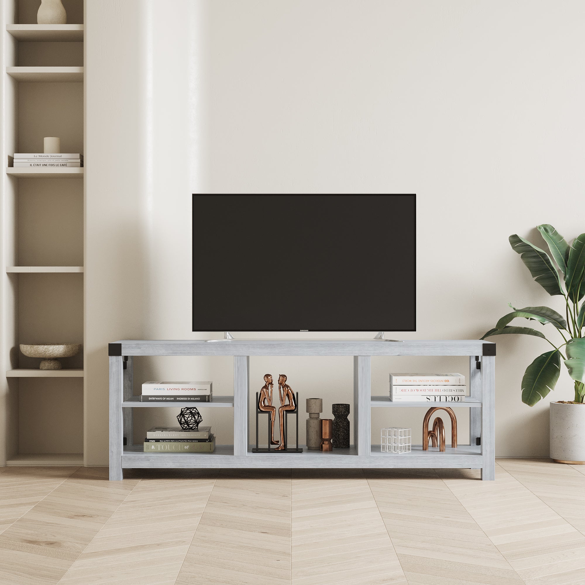 61'' Media Console Plaid Grey Oak Mdf Steel