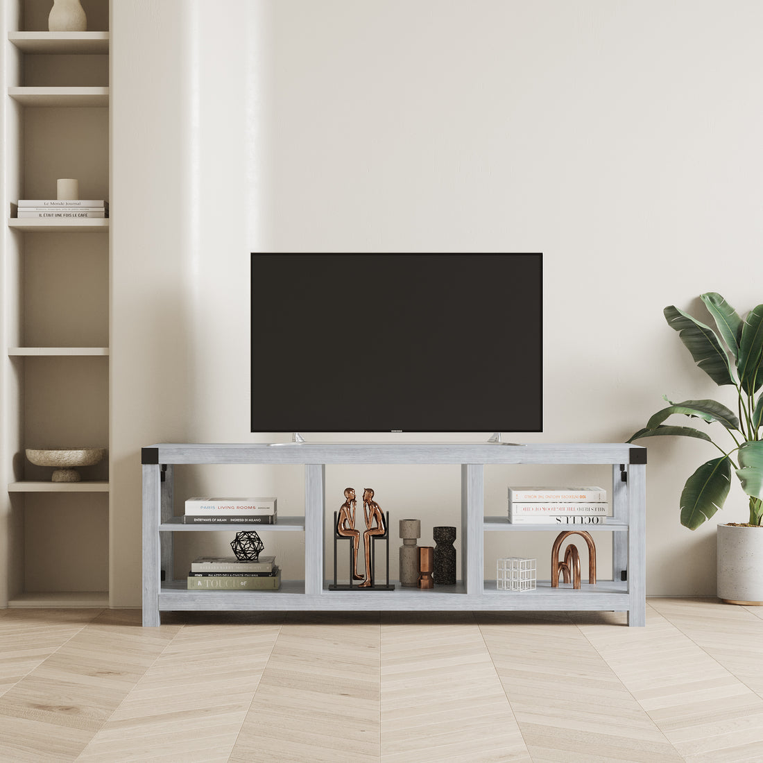 61'' Media Console Plaid Grey Oak Mdf Steel