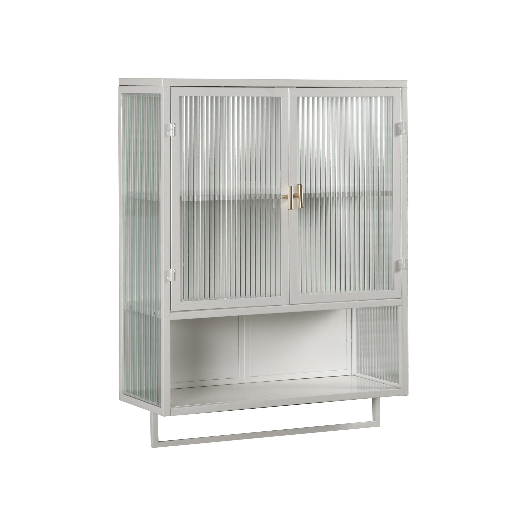 23.62"Glass Doors Modern Two Door Wall Cabinet With Featuring Two Tier Enclosed Storage, An Open Shelf, And Towel Rack, For Entryway Living Room Bathroom Dining Room White Metal