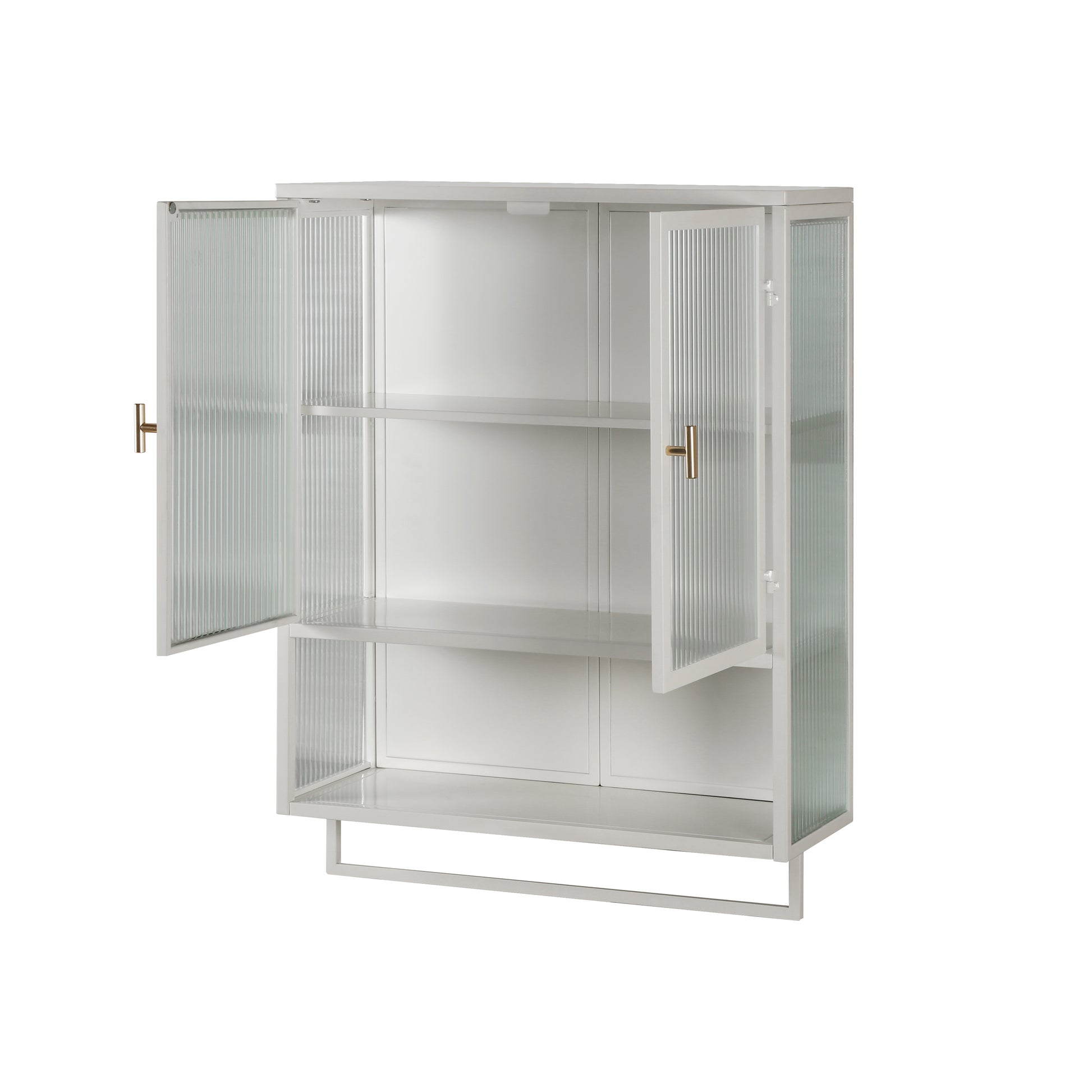 23.62"Glass Doors Modern Two Door Wall Cabinet With Featuring Two Tier Enclosed Storage, An Open Shelf, And Towel Rack, For Entryway Living Room Bathroom Dining Room White Metal