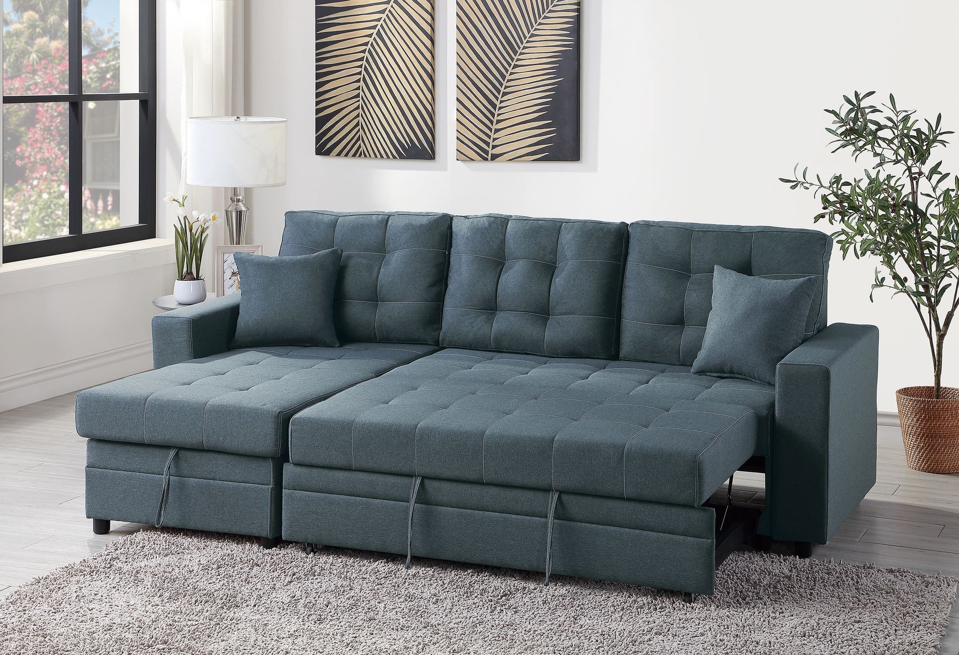 Sectional In Black Faux Leather Blue Grey Fabric