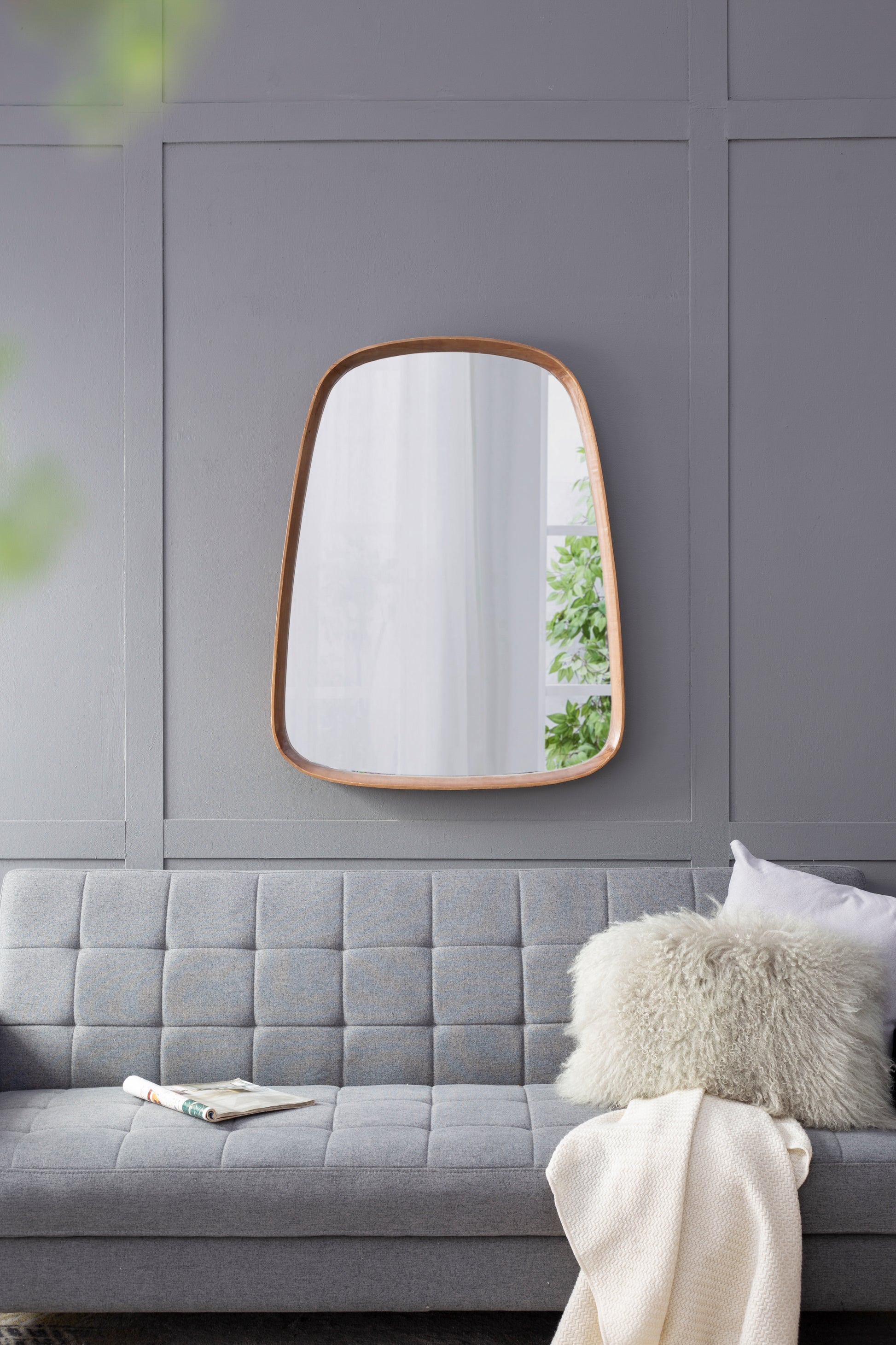 27"X37" Irrgeular Mirror With Wood Frame, Wall Mirror For Living Room Bathroom Entryway Brown Wood Glass