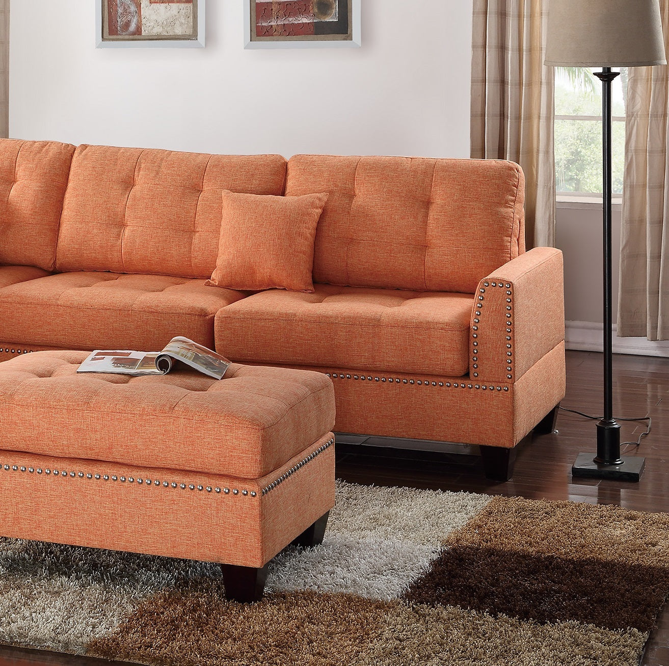 Modern Citrus Color 3Pcs Sectional Living Room Furniture Reversible Chaise Sofa And Ottoman Tufted Polyfiber Linen Like Fabric Cushion Couch Pillows Orange Primary Living Space Tufted Back Contemporary,Modern L Shaped Square Arms Plywood 5 Seat