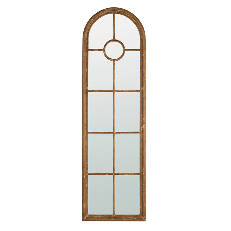 24X79" Half Round Elongated Mirror With Decorative Window Look Classic Architecture Style Solid Fir Wood Interior Decor Brown Wood Glass