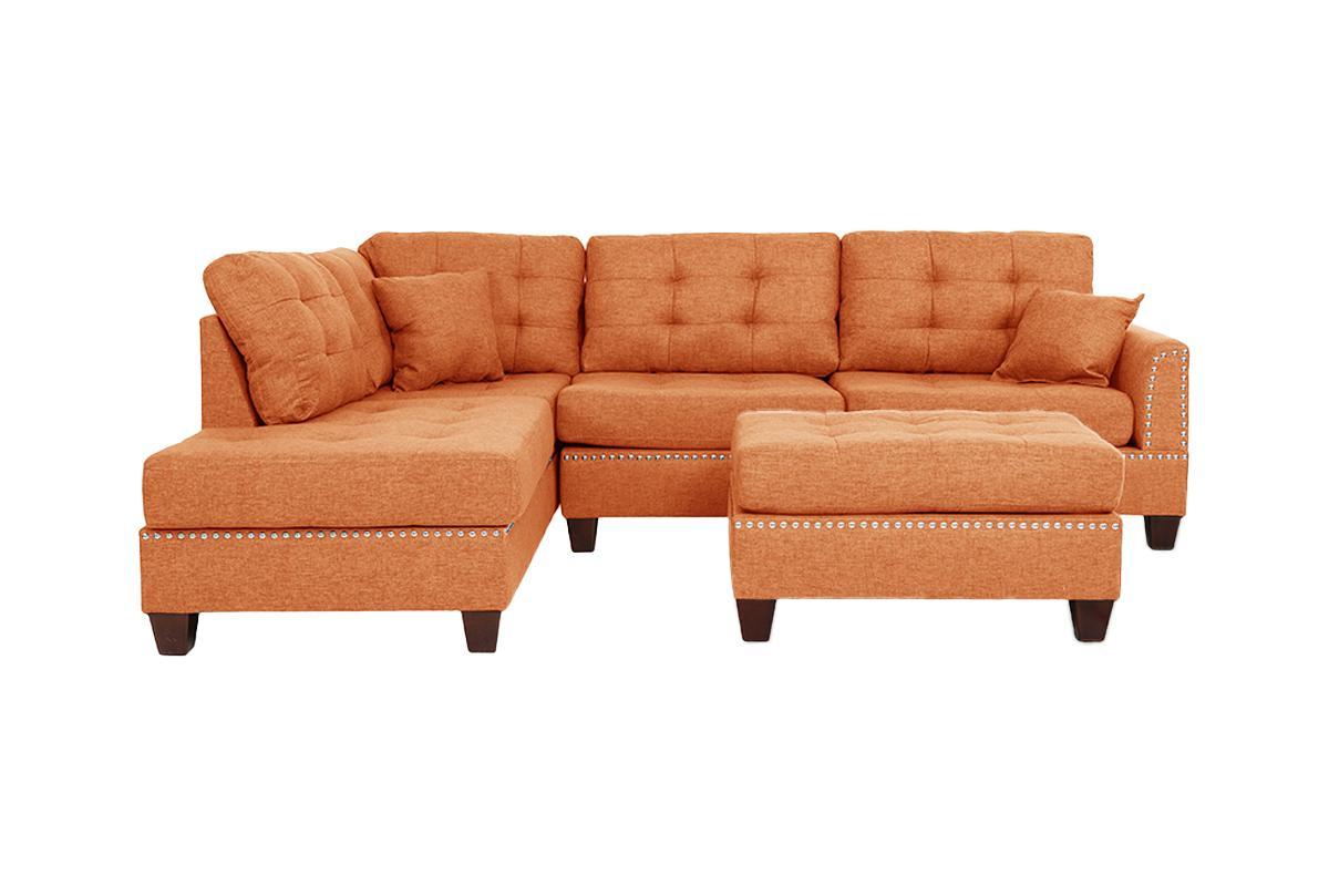 Modern Citrus Color 3Pcs Sectional Living Room Furniture Reversible Chaise Sofa And Ottoman Tufted Polyfiber Linen Like Fabric Cushion Couch Pillows Orange Primary Living Space Tufted Back Contemporary,Modern L Shaped Square Arms Plywood 5 Seat