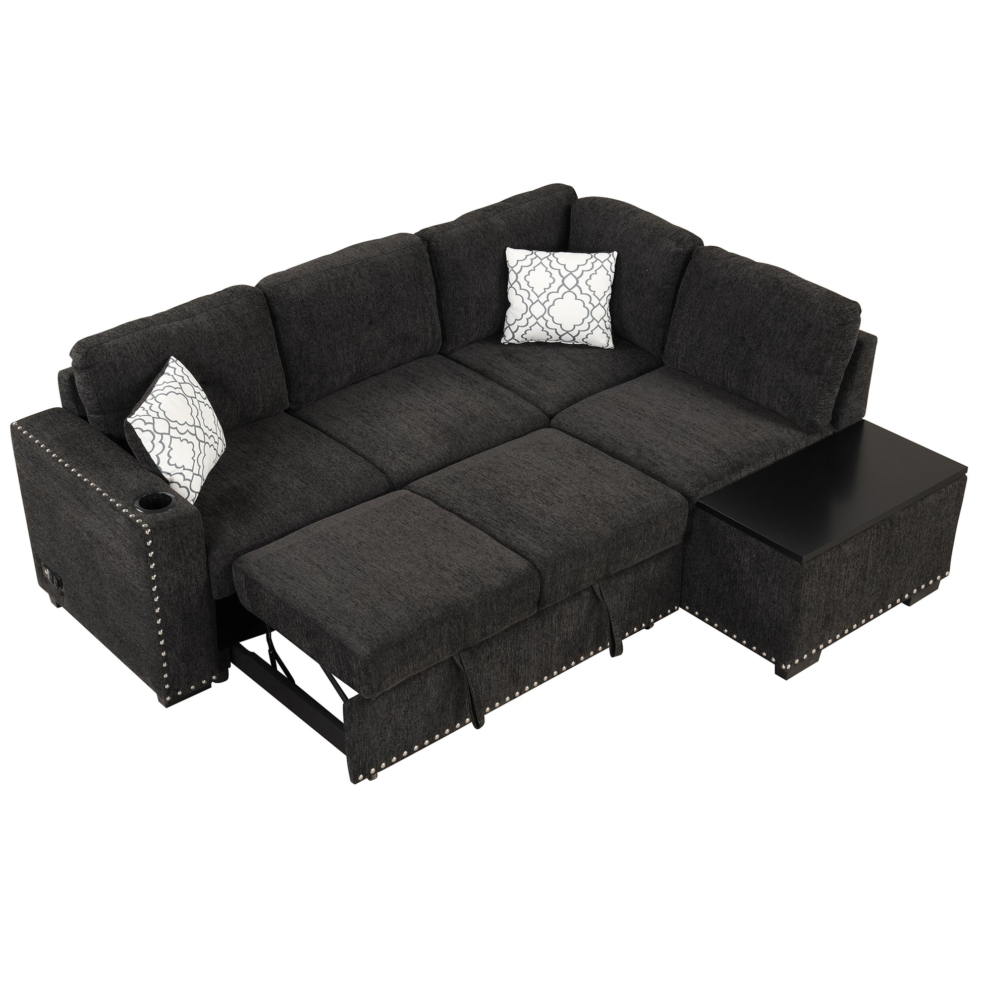 83.8" Sectional Pull Out Sofa Bed L Shaped Corner Sofa Couch With Storage Chaise, Usb Ports, Power Sockets, Cup Holder For Living Room, Bedroom, Study, Black Black Foam Chenille