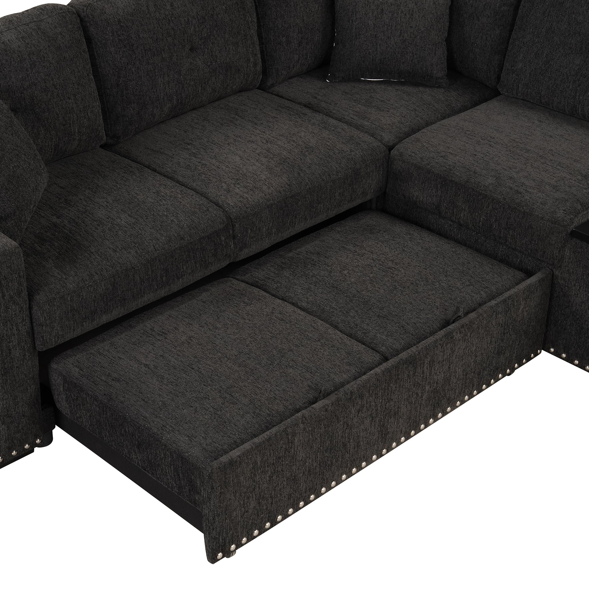 83.8" Sectional Pull Out Sofa Bed L Shaped Corner Sofa Couch With Storage Chaise, Usb Ports, Power Sockets, Cup Holder For Living Room, Bedroom, Study, Black Black Foam Chenille