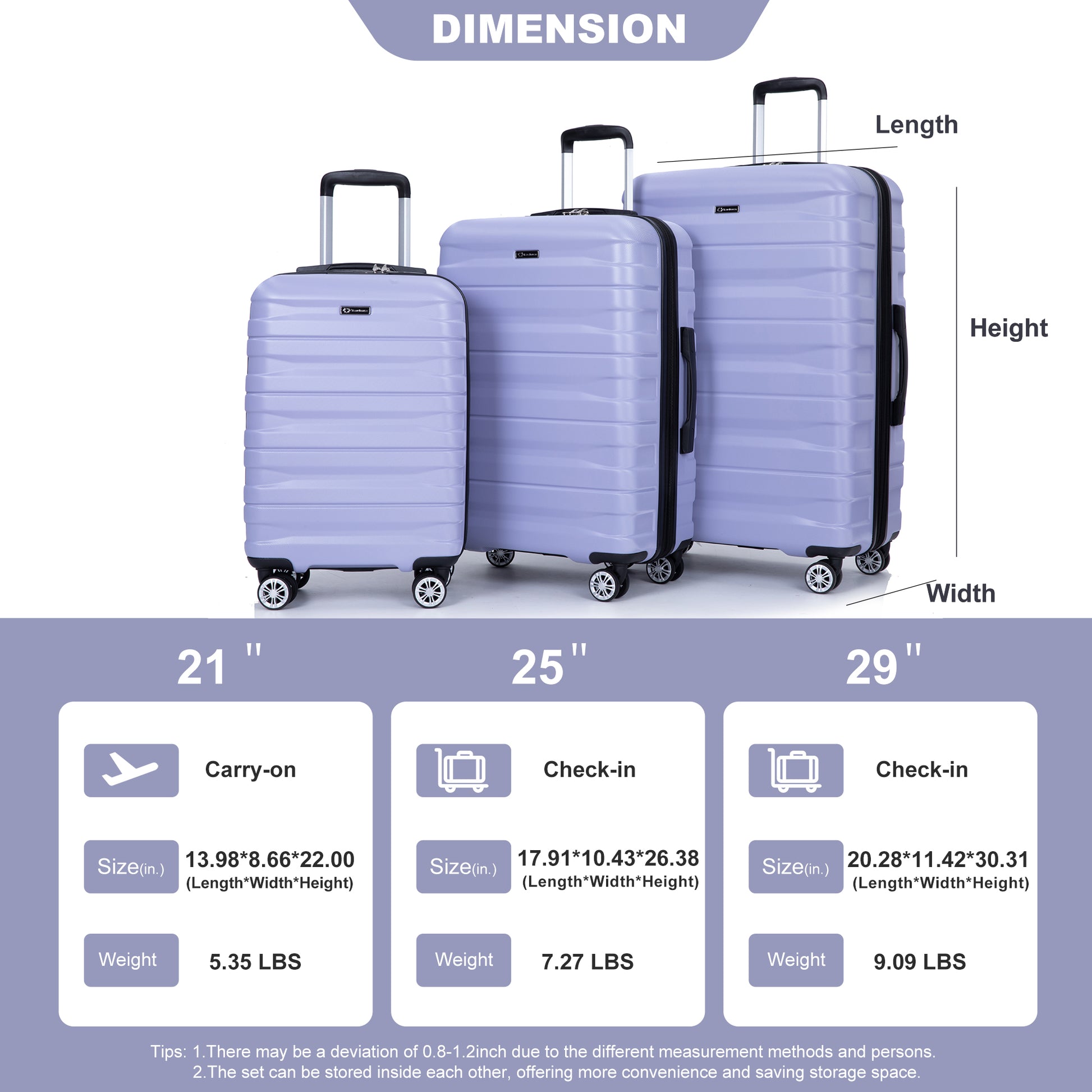 3 Piece Luggage Sets Pc Lightweight & Durable Expandable Suitcase With Two Hooks, Double Spinner Wheels, Tsa Lock, 21 25 29 Light Purple Light Purple Pc