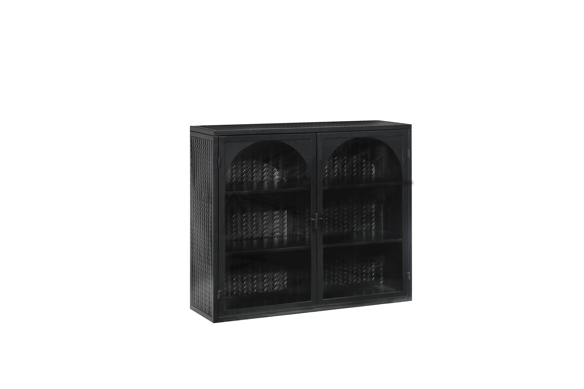 27.56"Glass Doors Modern Two Door Wall Cabinet With Featuring Three Tier Storage For Entryway Living Room Bathroom Dining Room,Wall Cabinet With Characteristic Woven Pattern,Black Black Metal