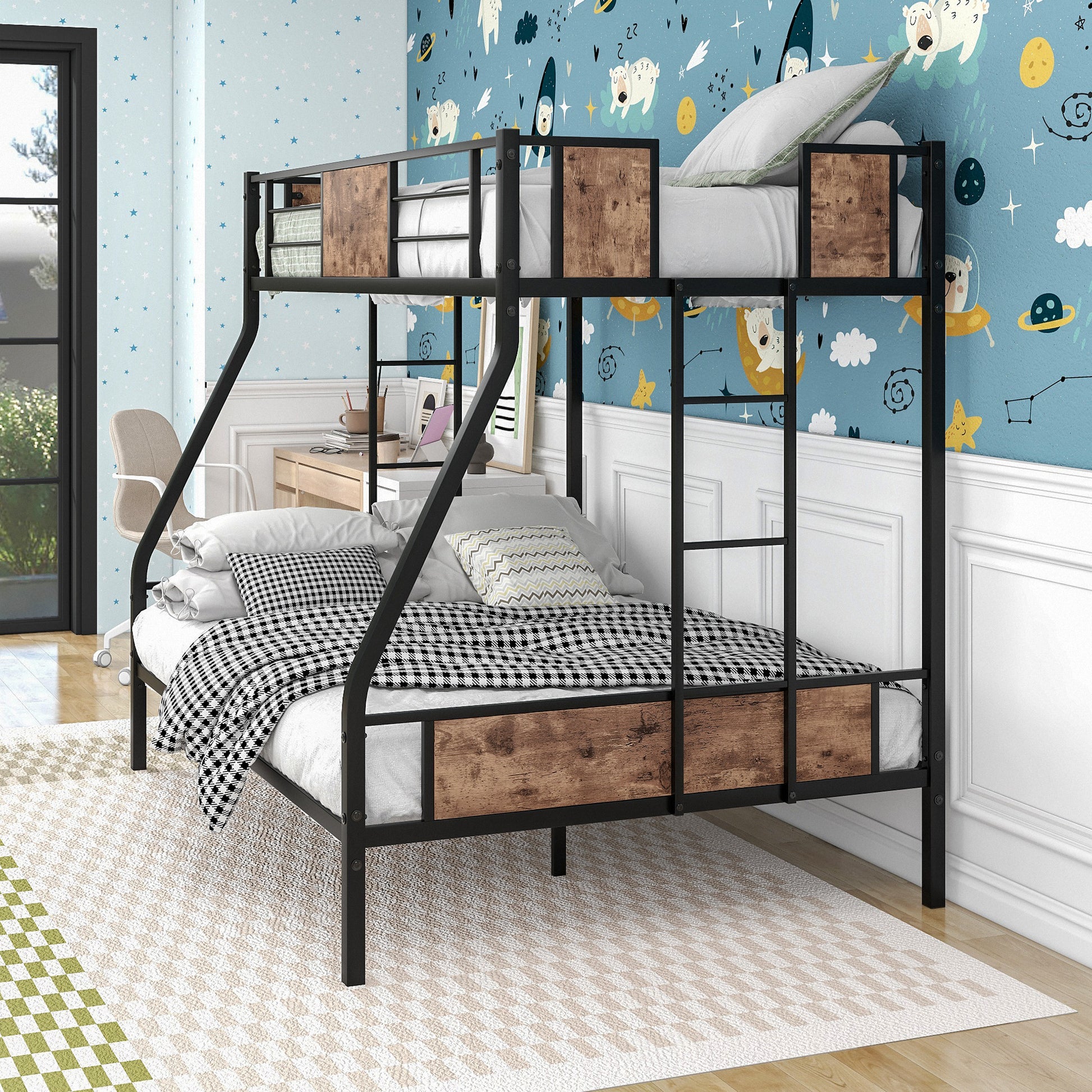 Twin Over Full Metal Bunk Bed, Heavy Duty Metal Bed Frame With Safety Rail2 Side Ladders & Decorative Wood ,No Box Spring Needed Twin Box Spring Not Required Black Metal Bedroom Bunk Metal