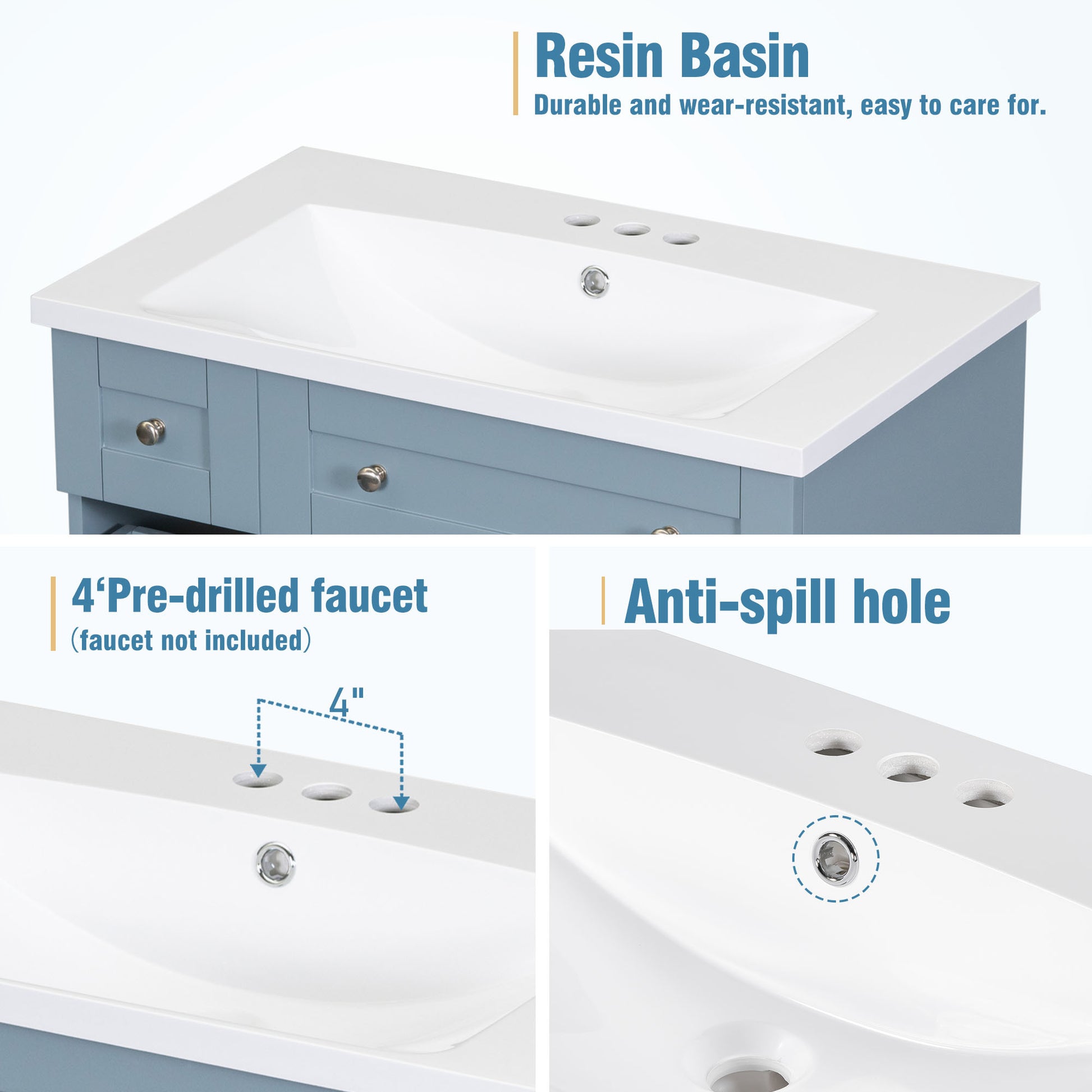 Modern 30 Inch Bathroom Vanity Cabinet With Easy To Clean Resin Integrated Sink In Blue Blue Mdf