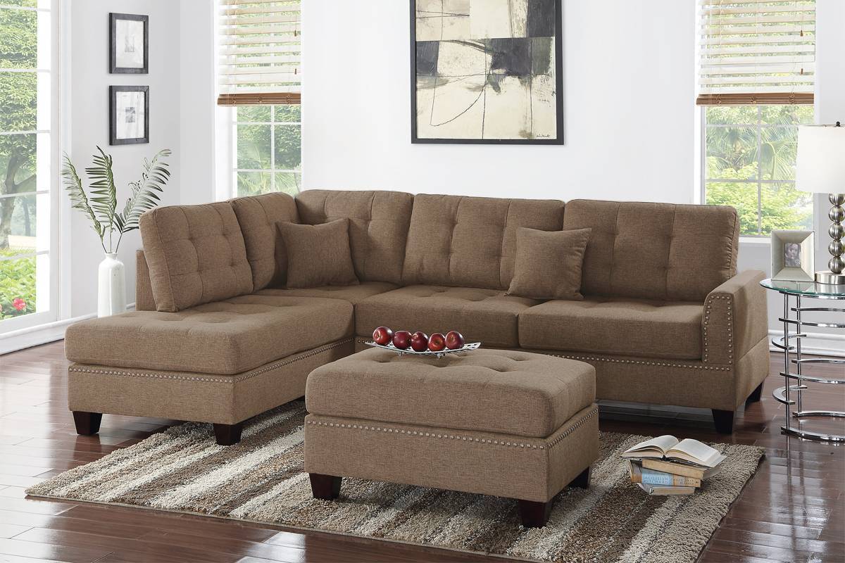 Modern Coffee Color 3Pcs Sectional Living Room Furniture Reversible Chaise Sofa And Ottoman Tufted Polyfiber Linen Like Fabric Cushion Couch Pillows Coffee Primary Living Space Tufted Back Contemporary,Modern L Shaped Square Arms Plywood 5 Seat