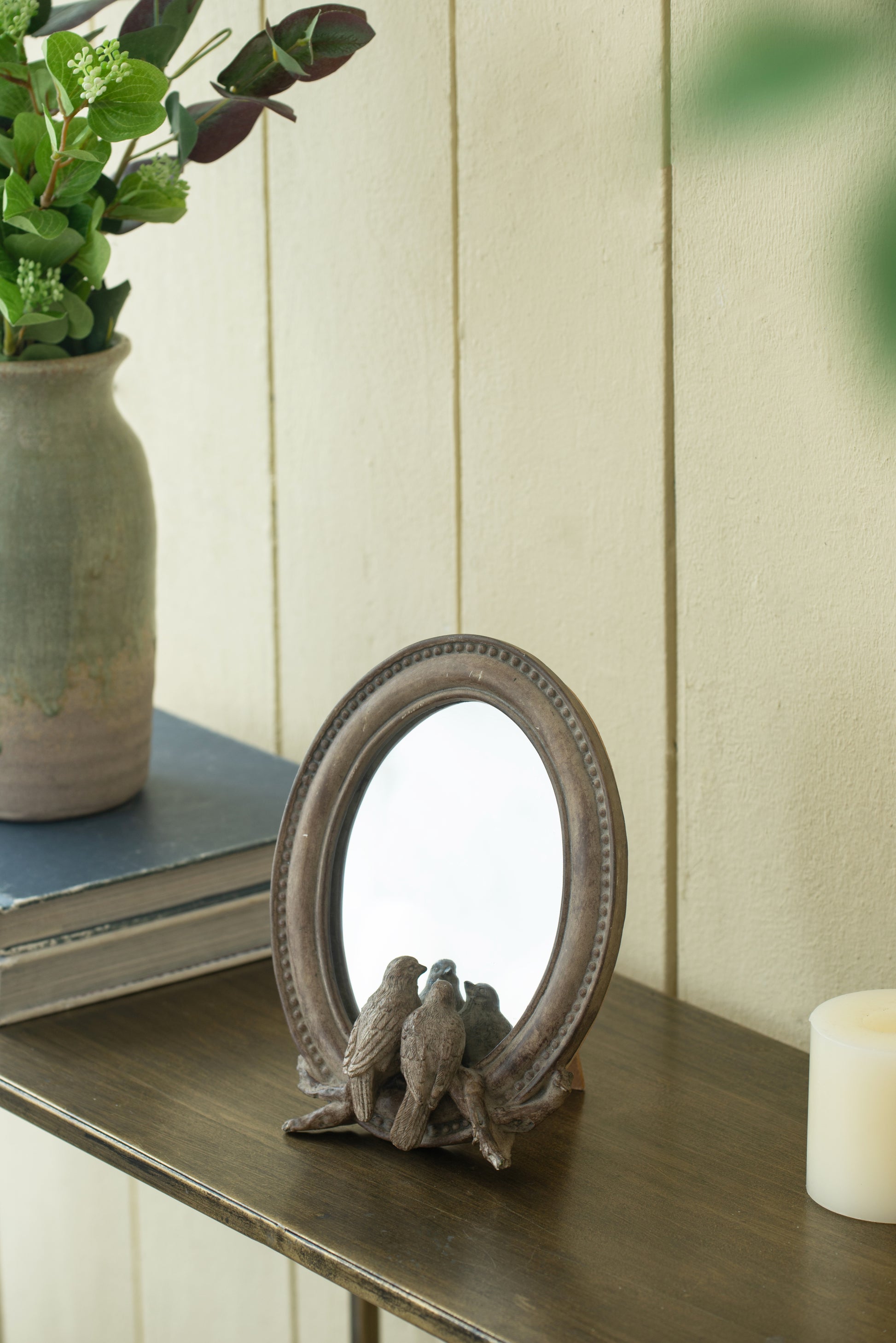 7.5X9.5" Corella Oval Bird Mirror With Resin Frame, Desk Mirror With Stand For Counter Bedroom Bathroom Brown Resin