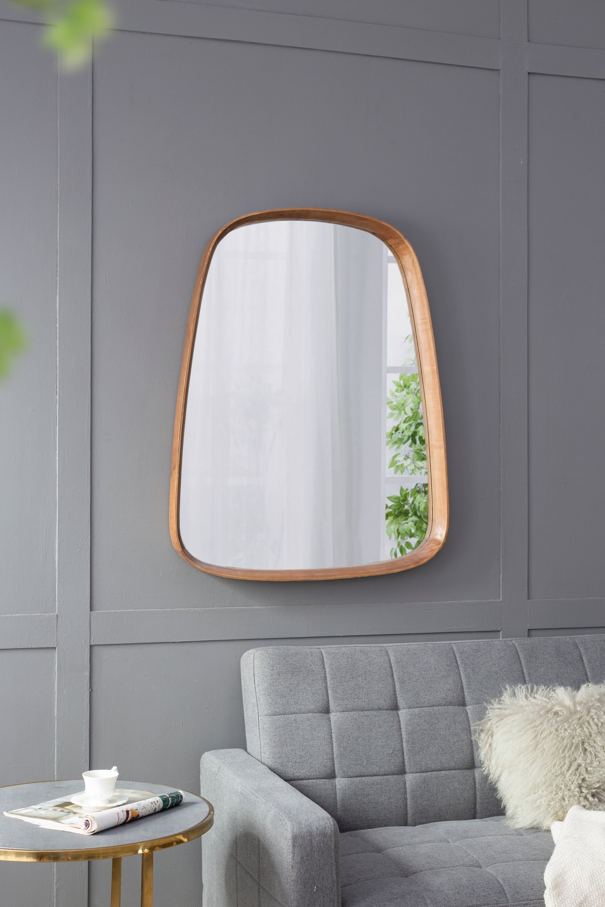 27"X37" Irrgeular Mirror With Wood Frame, Wall Mirror For Living Room Bathroom Entryway Brown Wood Glass