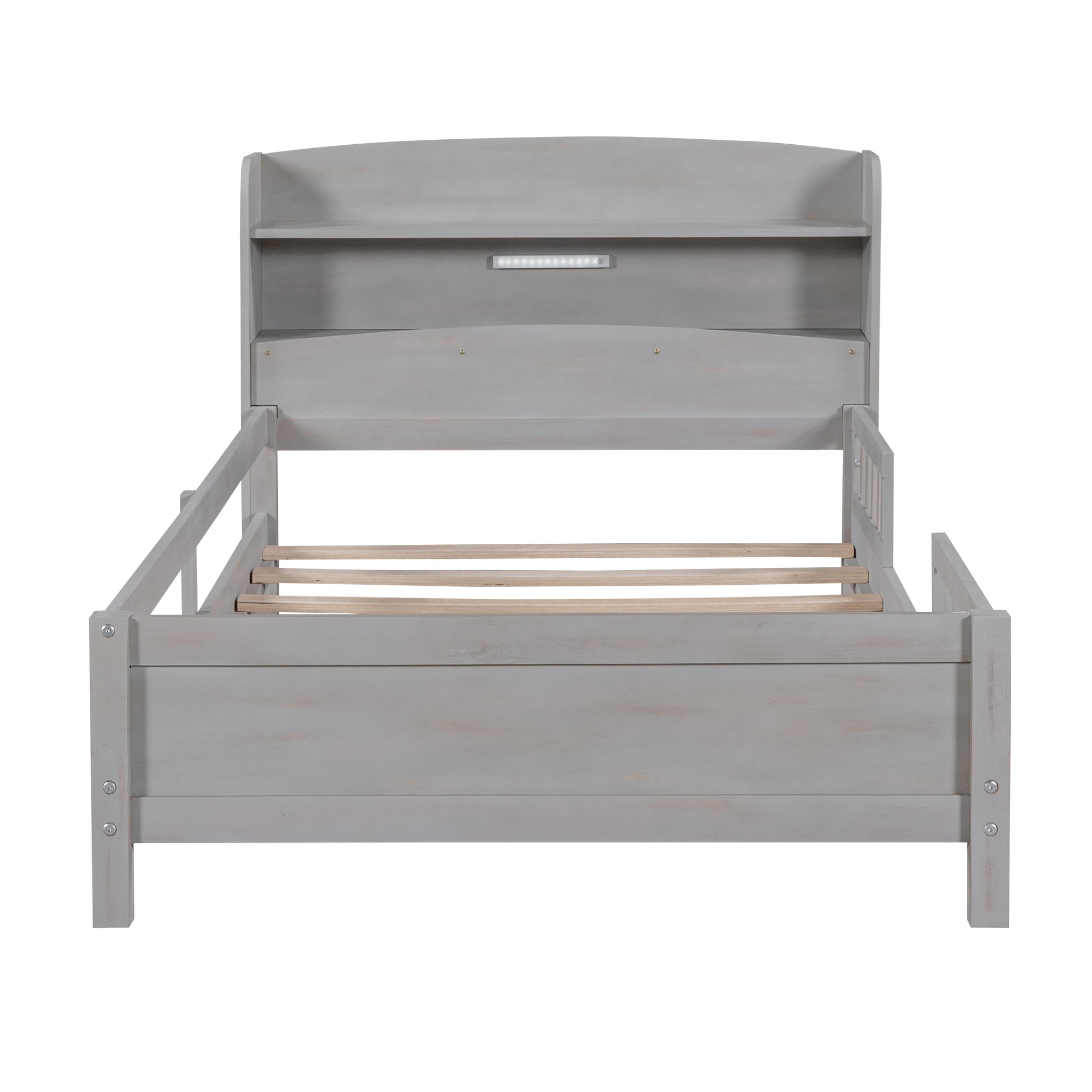 Wood Twin Size Platform Bed With Built In Led Light, Storage Headboard And Guardrail, Antique Grey Box Spring Not Required Twin Antique Gray Wood Bedroom Bed Frame Solid Wood Mdf