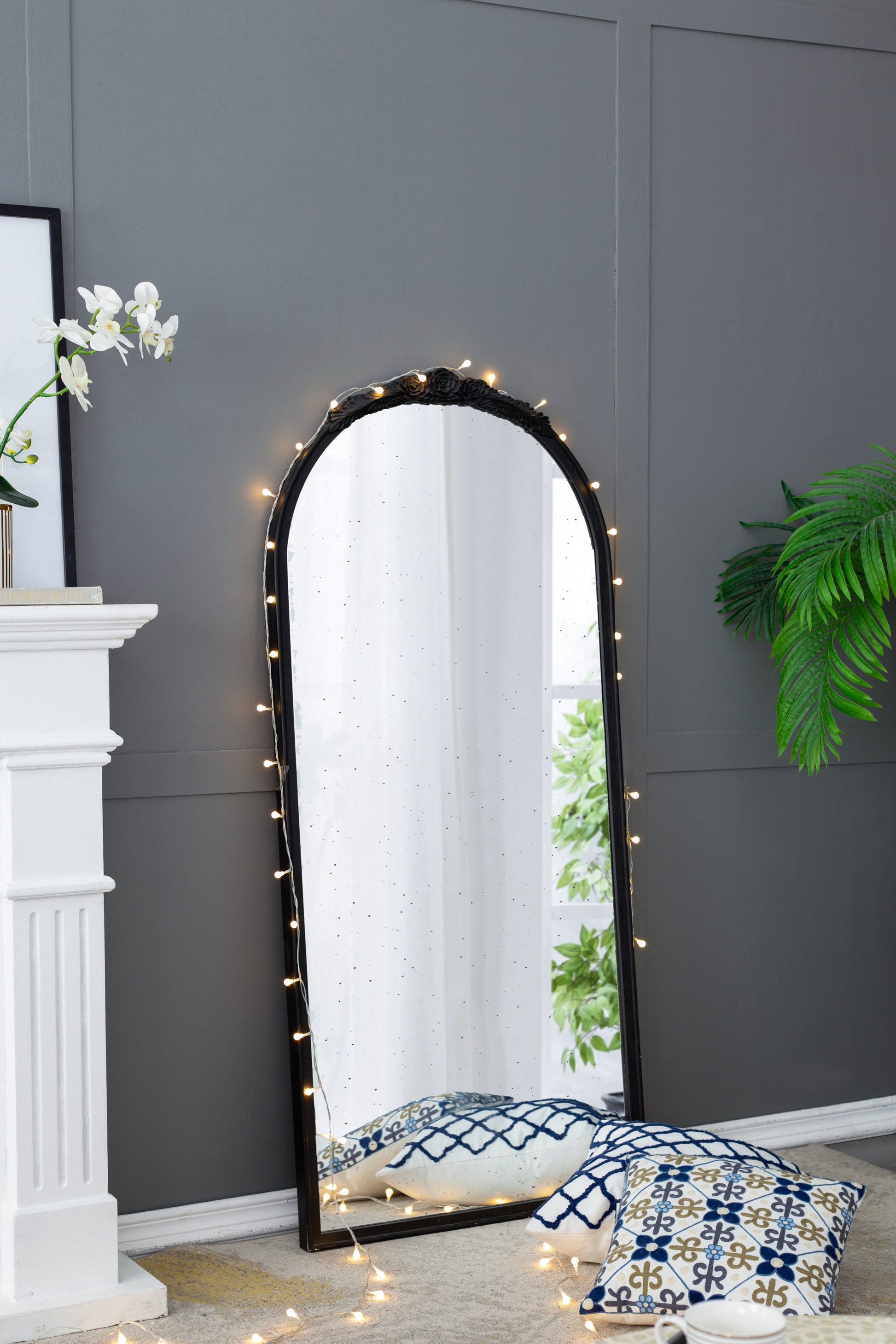 30" X 65" Hand Carved Rose Antique Mirror Frame, Large Arch Mirror Wall Decor For Living Room, Bathroom, Entryway Black Black Mdf Glass