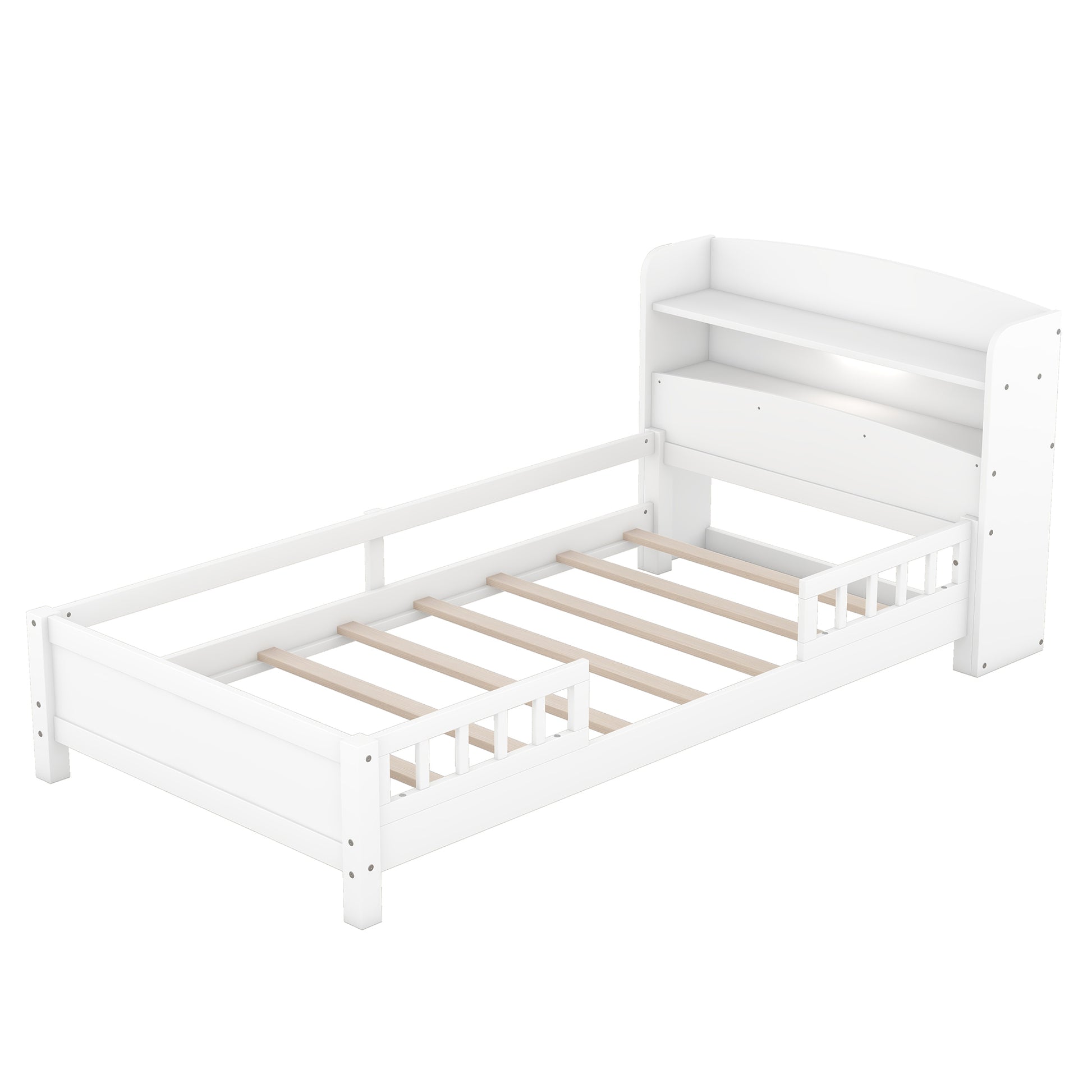 Wood Twin Size Platform Bed With Built In Led Light, Storage Headboard And Guardrail, White Box Spring Not Required Twin White Wood Bedroom Bed Frame Solid Wood Mdf