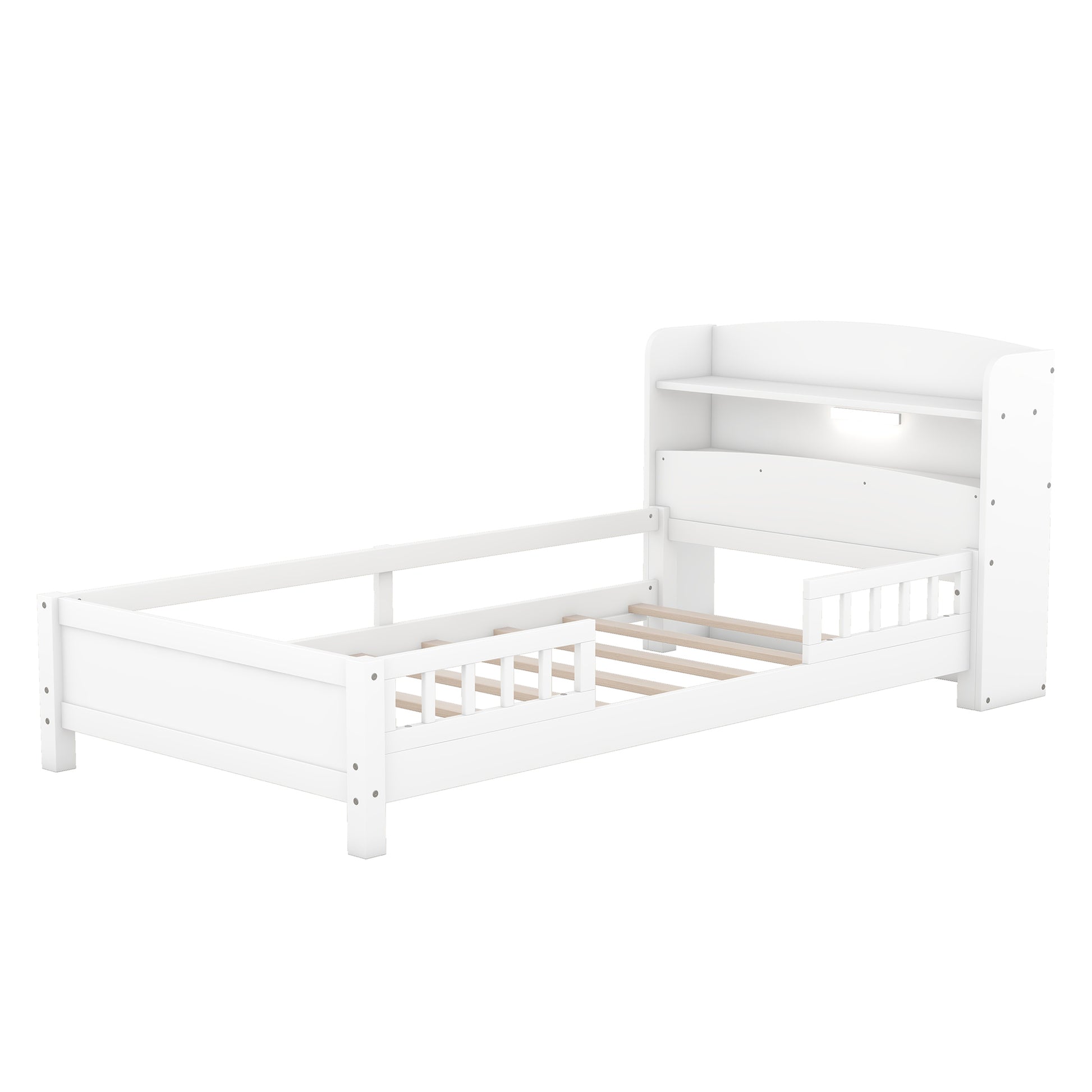 Wood Twin Size Platform Bed With Built In Led Light, Storage Headboard And Guardrail, White Box Spring Not Required Twin White Wood Bedroom Bed Frame Solid Wood Mdf