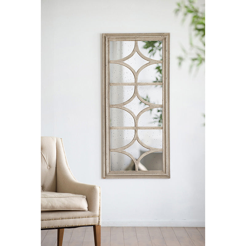 28"X59" Glister Rectangular Mirror With Distressed White Frame With Decorative Window Look, Vertical Or Horizontal Cream Mdf Glass