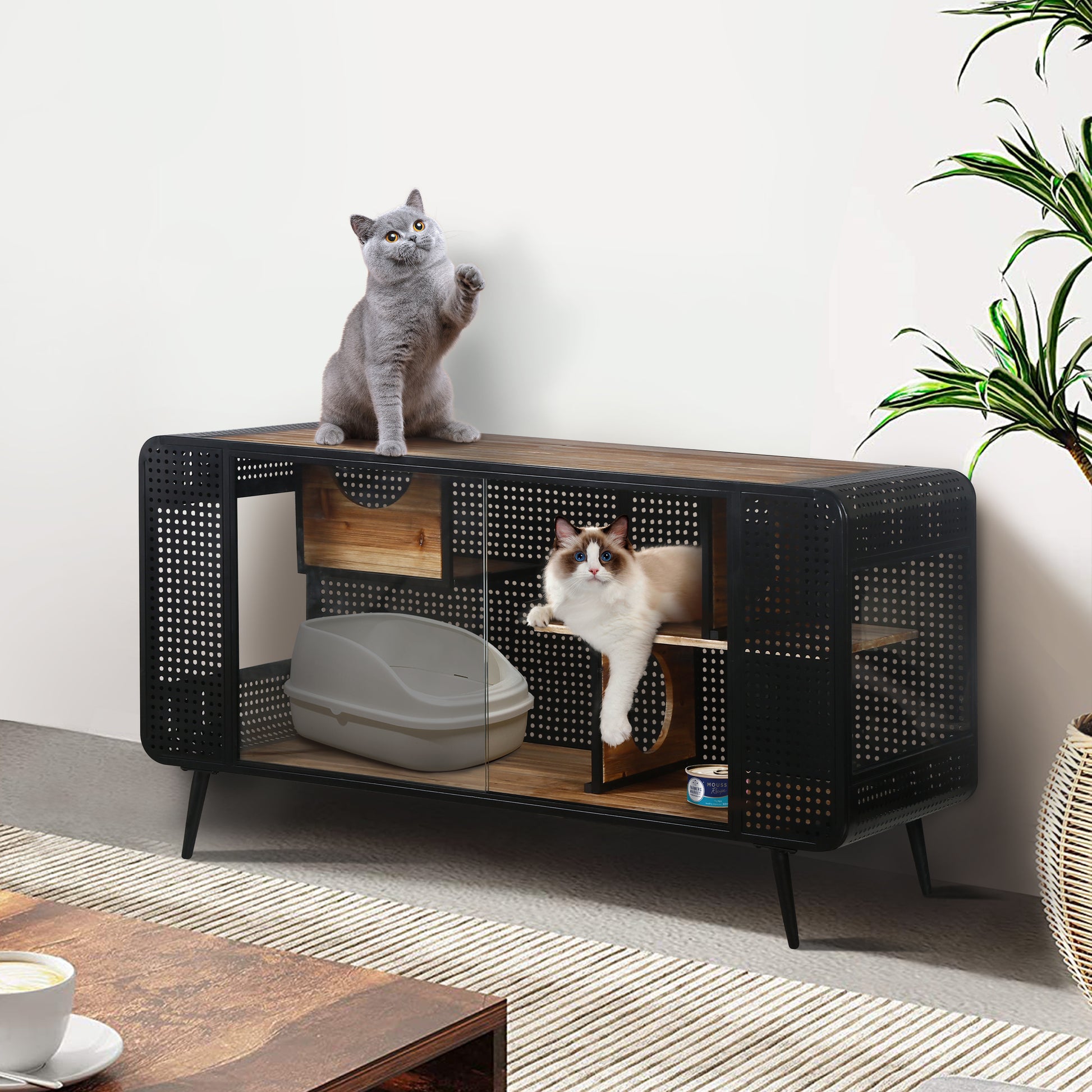 55.12 "Spacious Cat House With Tempered Glass, For Living Room, Hallway, Study And Other Spaces Black Brown Metal & Wood