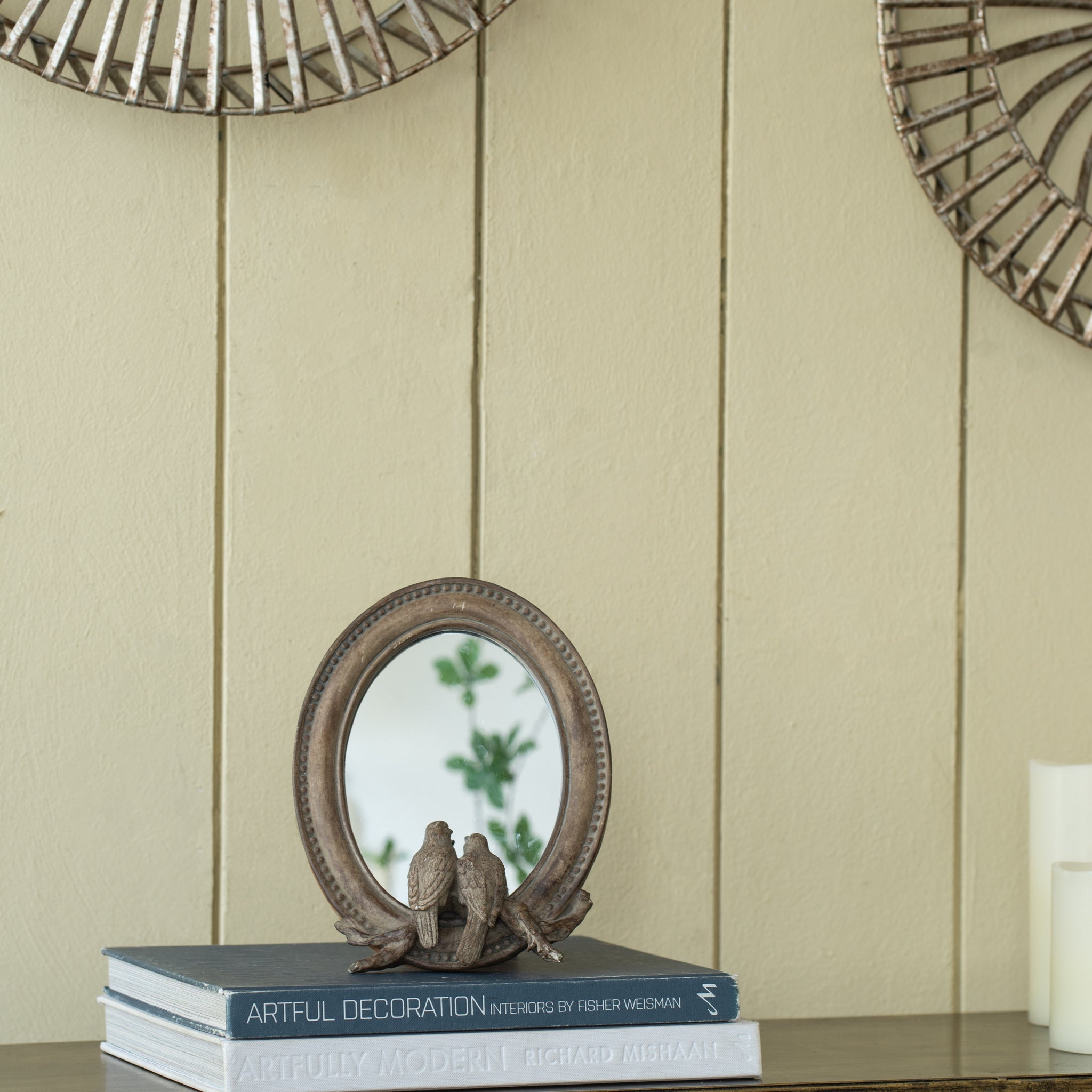 7.5X9.5" Corella Oval Bird Mirror With Resin Frame, Desk Mirror With Stand For Counter Bedroom Bathroom Brown Resin