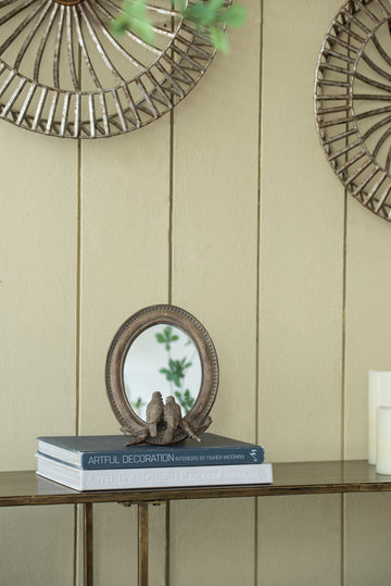 7.5X9.5" Corella Oval Bird Mirror With Resin Frame, Desk Mirror With Stand For Counter Bedroom Bathroom Brown Resin