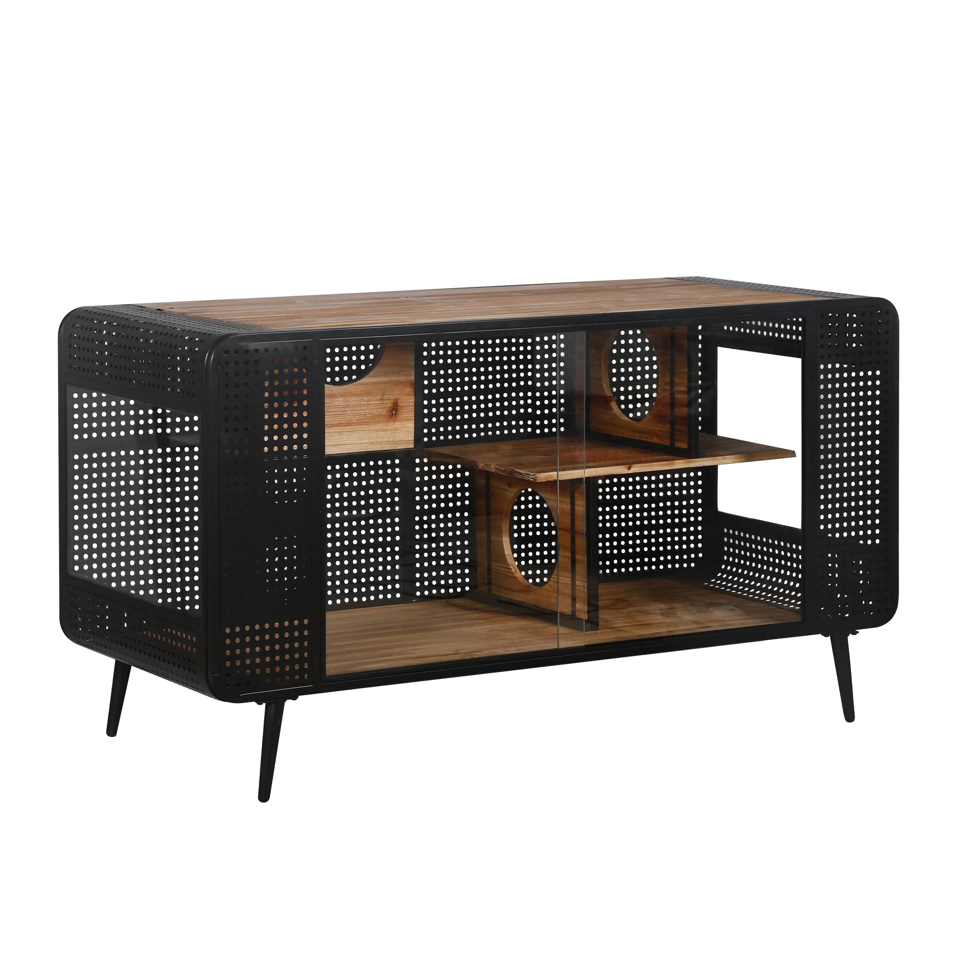 55.12 "Spacious Cat House With Tempered Glass, For Living Room, Hallway, Study And Other Spaces Black Brown Metal & Wood