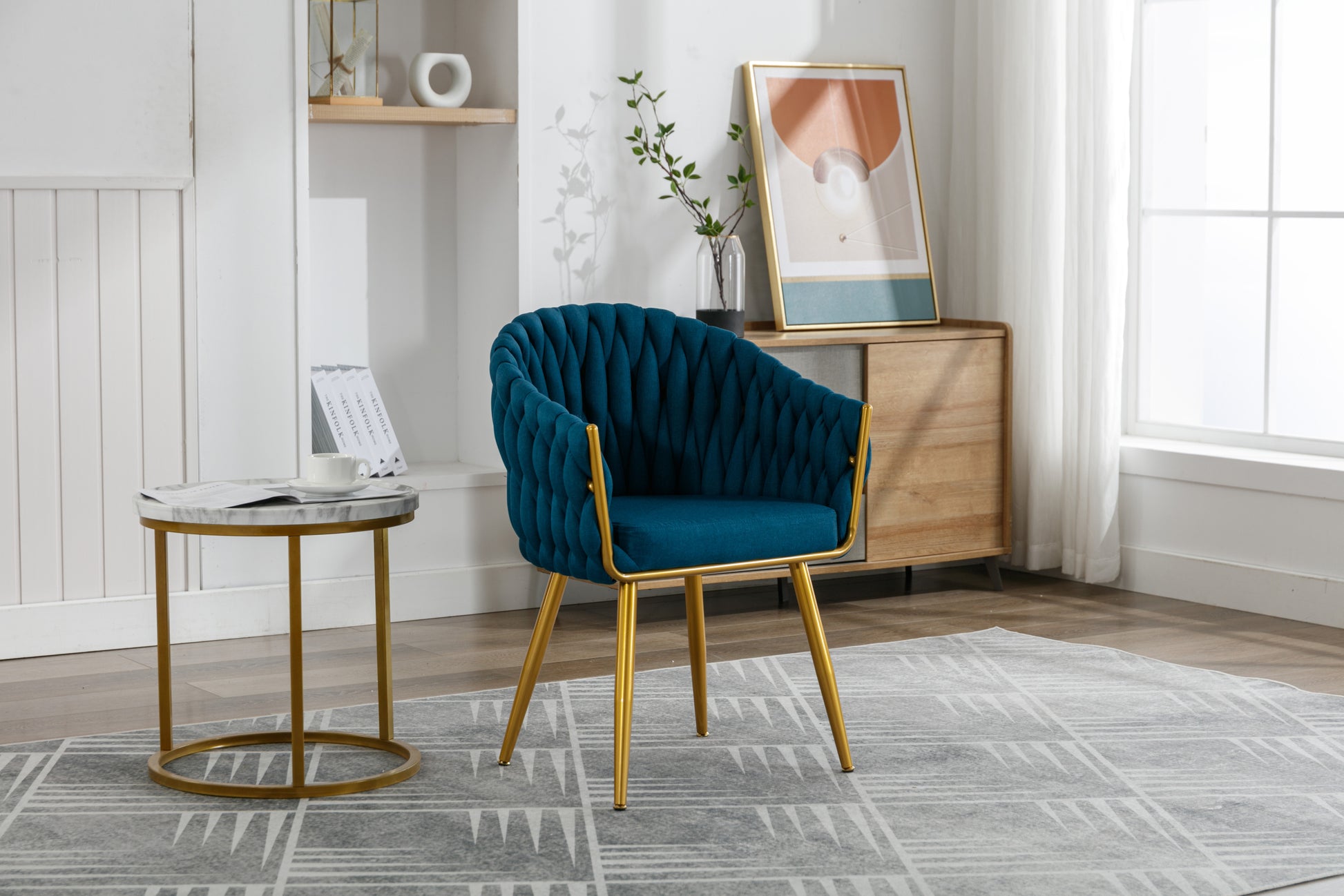 Handwoven Modern Chairs, Casual Chairs, Universal Foot Nails, Metal Chair Legs With Pillows Peacock Blue Navy Green Primary Living Space Linen