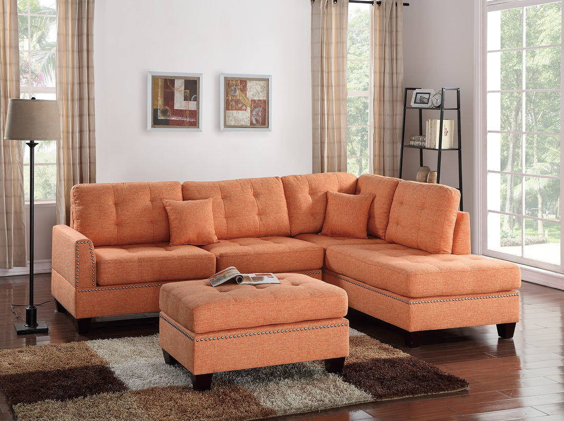 Modern Citrus Color 3Pcs Sectional Living Room Furniture Reversible Chaise Sofa And Ottoman Tufted Polyfiber Linen Like Fabric Cushion Couch Pillows Orange Primary Living Space Tufted Back Contemporary,Modern L Shaped Square Arms Plywood 5 Seat