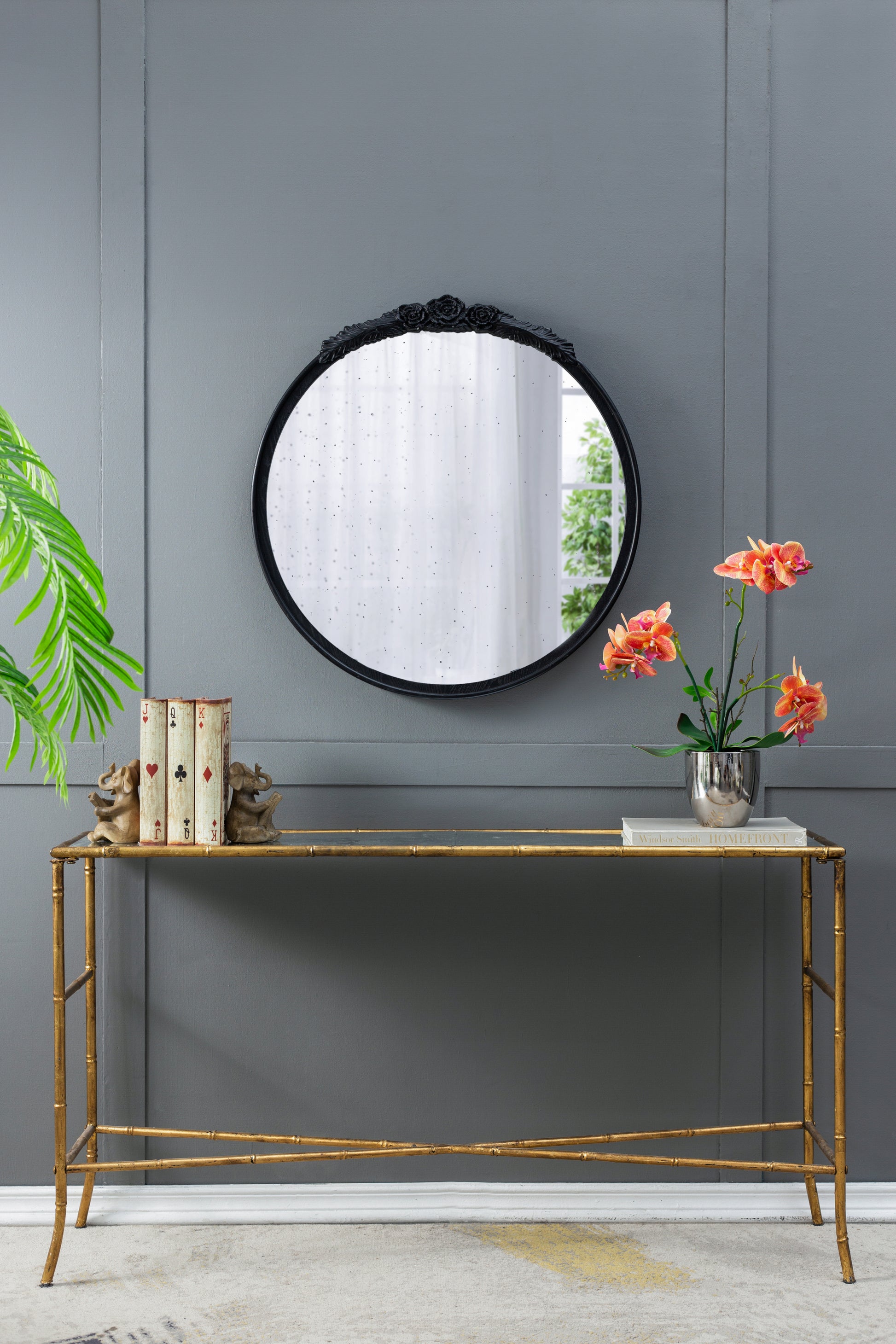 30"X30" Round Hand Carved Rose Antique Mirror Frame, Wall Mirror For Live Space, Bathroom, Entryway Wall D Cor Black Black Mdf Glass