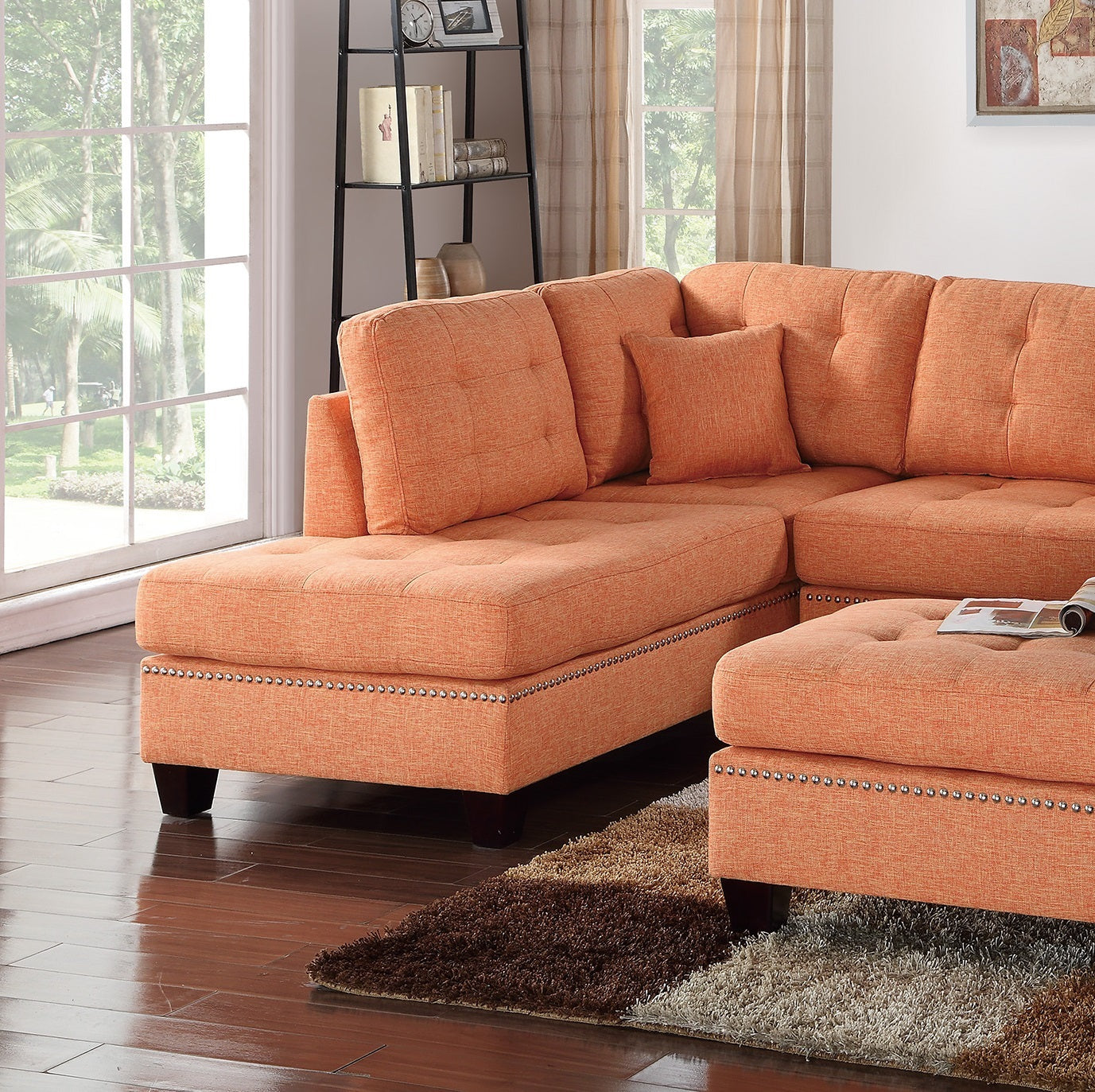 Modern Citrus Color 3Pcs Sectional Living Room Furniture Reversible Chaise Sofa And Ottoman Tufted Polyfiber Linen Like Fabric Cushion Couch Pillows Orange Primary Living Space Tufted Back Contemporary,Modern L Shaped Square Arms Plywood 5 Seat