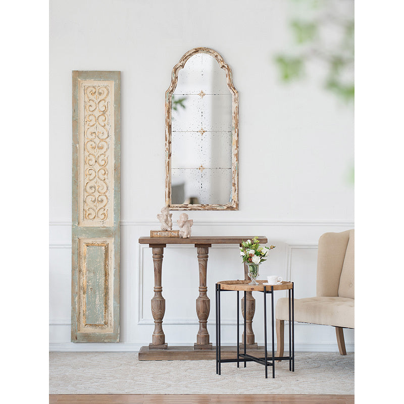 22" X 48" Large Cream & Gold Framed Wall Mirror, Wood Arched Mirror With Decorative Window Look For Living Room, Bathroom, Entryway Cream Wood