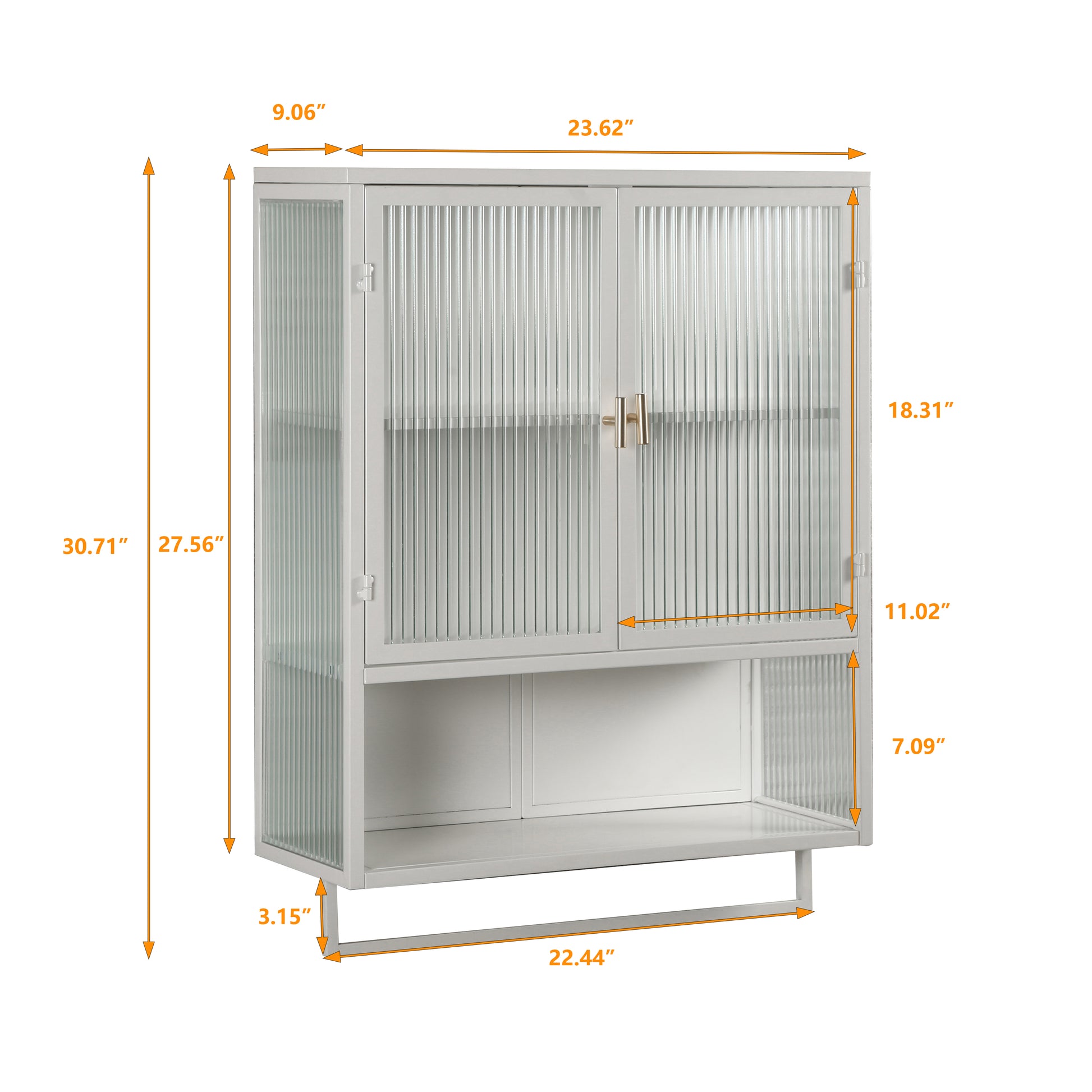 23.62"Glass Doors Modern Two Door Wall Cabinet With Featuring Two Tier Enclosed Storage, An Open Shelf, And Towel Rack, For Entryway Living Room Bathroom Dining Room White Metal